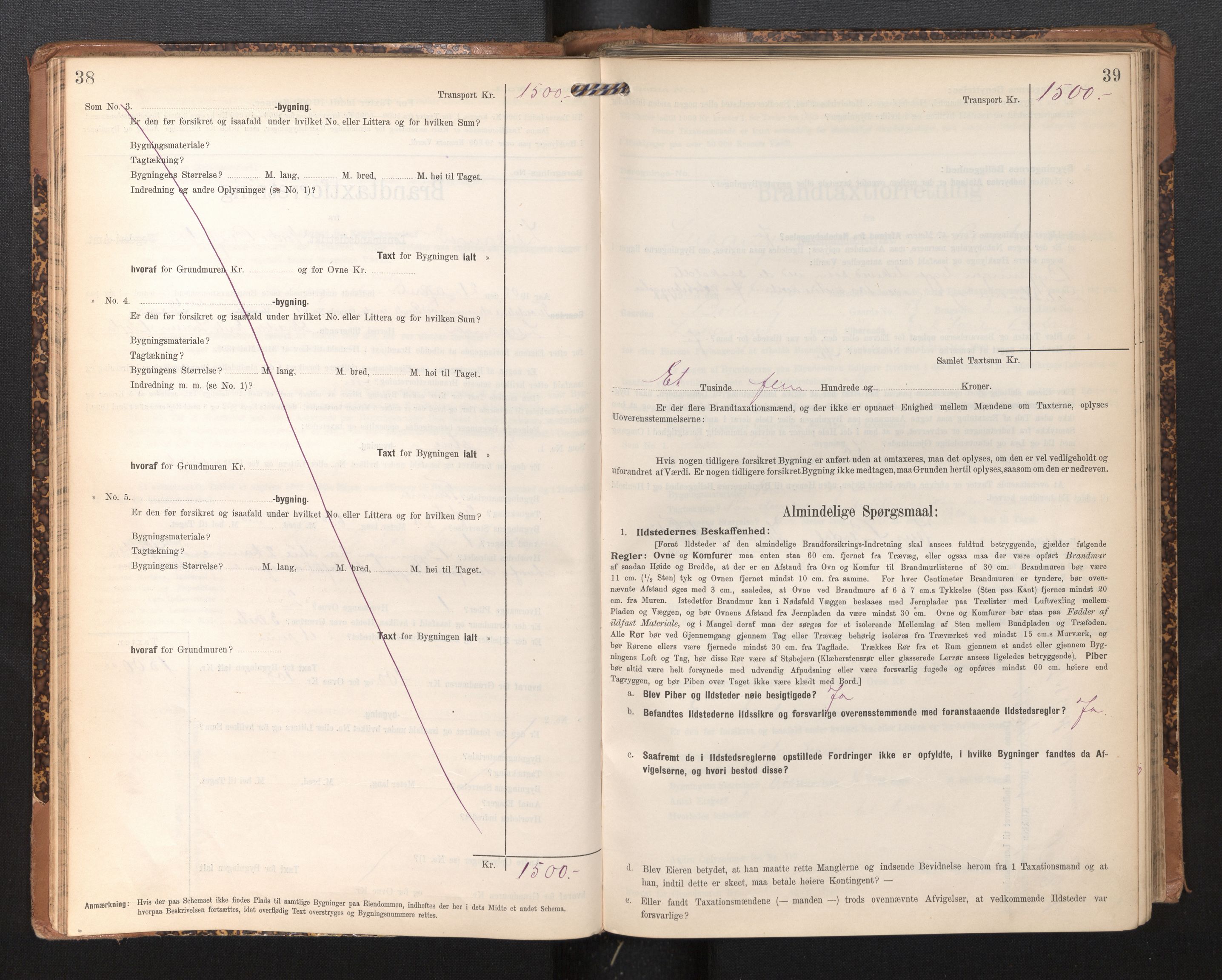 Lensmannen i Leikanger, AV/SAB-A-29201/0012/L0005: Branntakstprotokoll, skjematakst, 1907-1917, p. 38-39