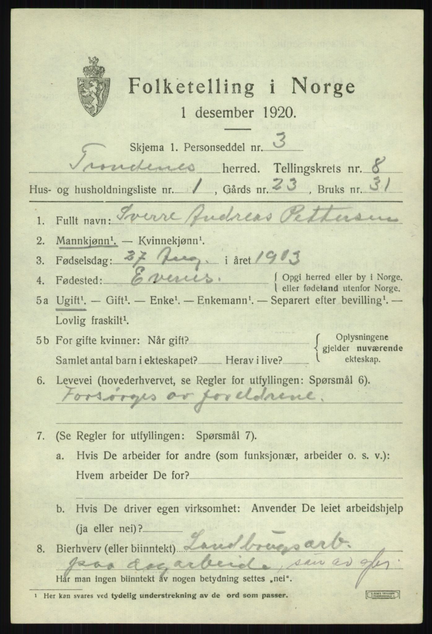 SATØ, 1920 census for Trondenes, 1920, p. 6911