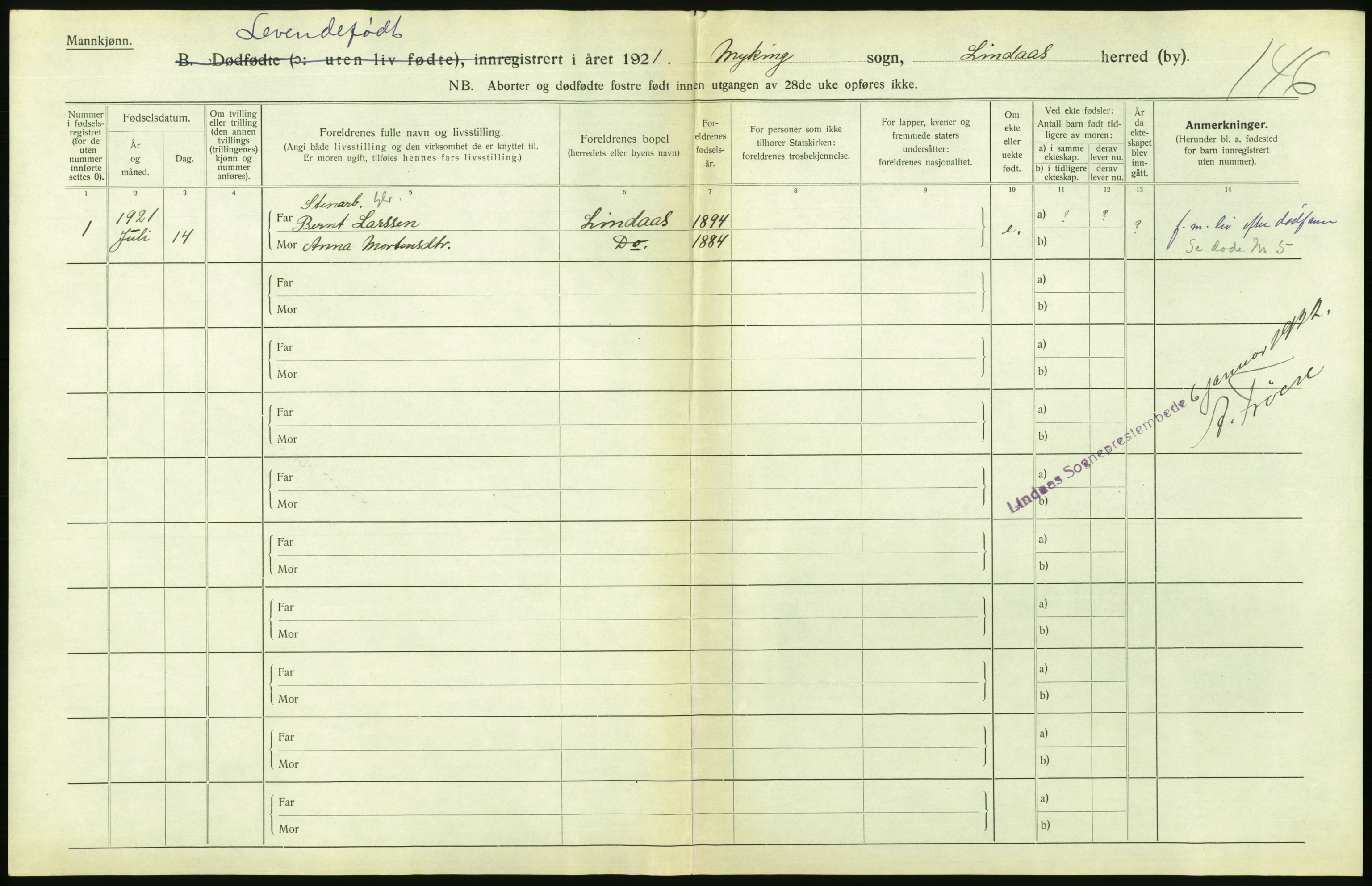 Statistisk sentralbyrå, Sosiodemografiske emner, Befolkning, AV/RA-S-2228/D/Df/Dfc/Dfca/L0031: Hordaland fylke: Levendefødte menn og kvinner. Bygder., 1921, p. 42