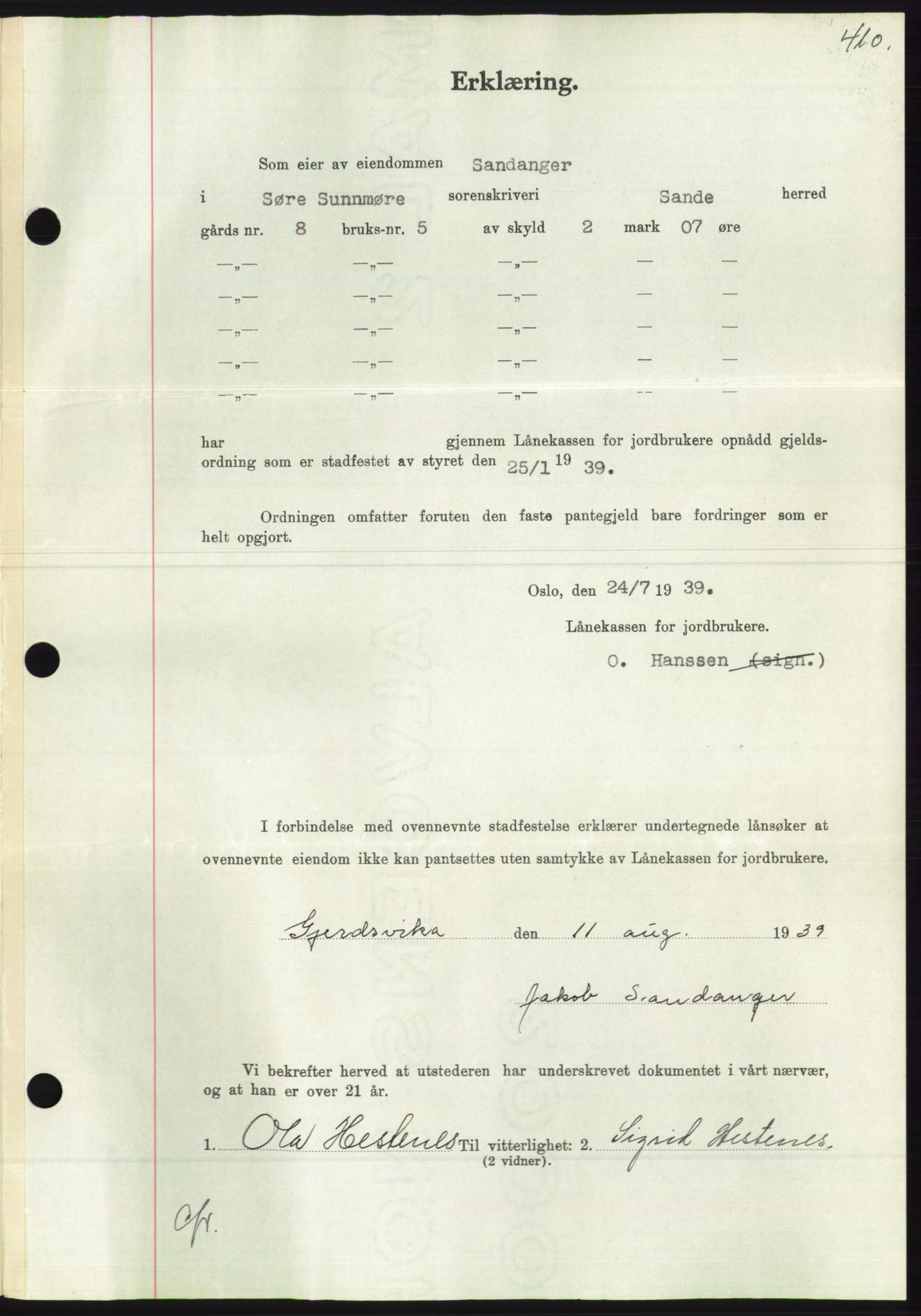 Søre Sunnmøre sorenskriveri, AV/SAT-A-4122/1/2/2C/L0068: Mortgage book no. 62, 1939-1939, Diary no: : 1223/1939