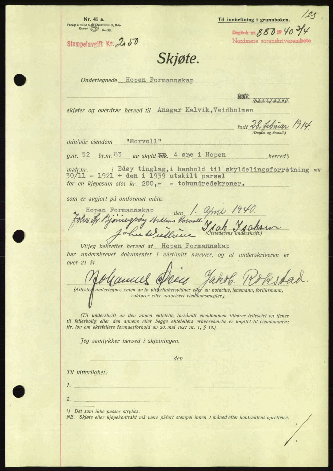 Nordmøre sorenskriveri, AV/SAT-A-4132/1/2/2Ca: Mortgage book no. A88, 1940-1940, Diary no: : 880/1940