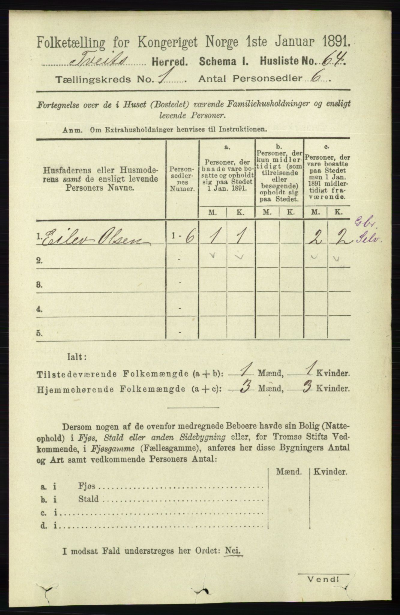 RA, 1891 census for 1013 Tveit, 1891, p. 80