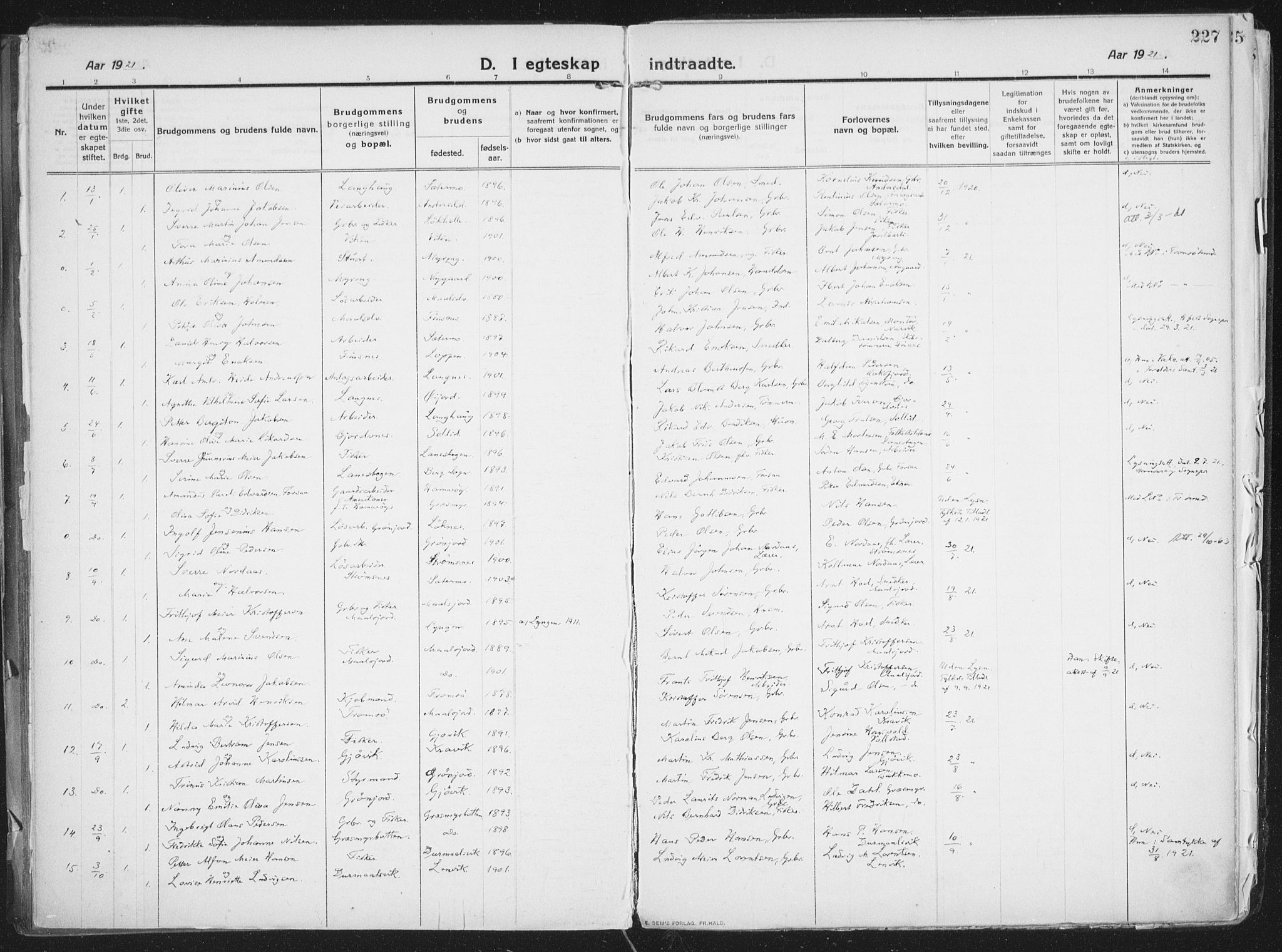 Lenvik sokneprestembete, SATØ/S-1310/H/Ha/Haa/L0016kirke: Parish register (official) no. 16, 1910-1924, p. 227