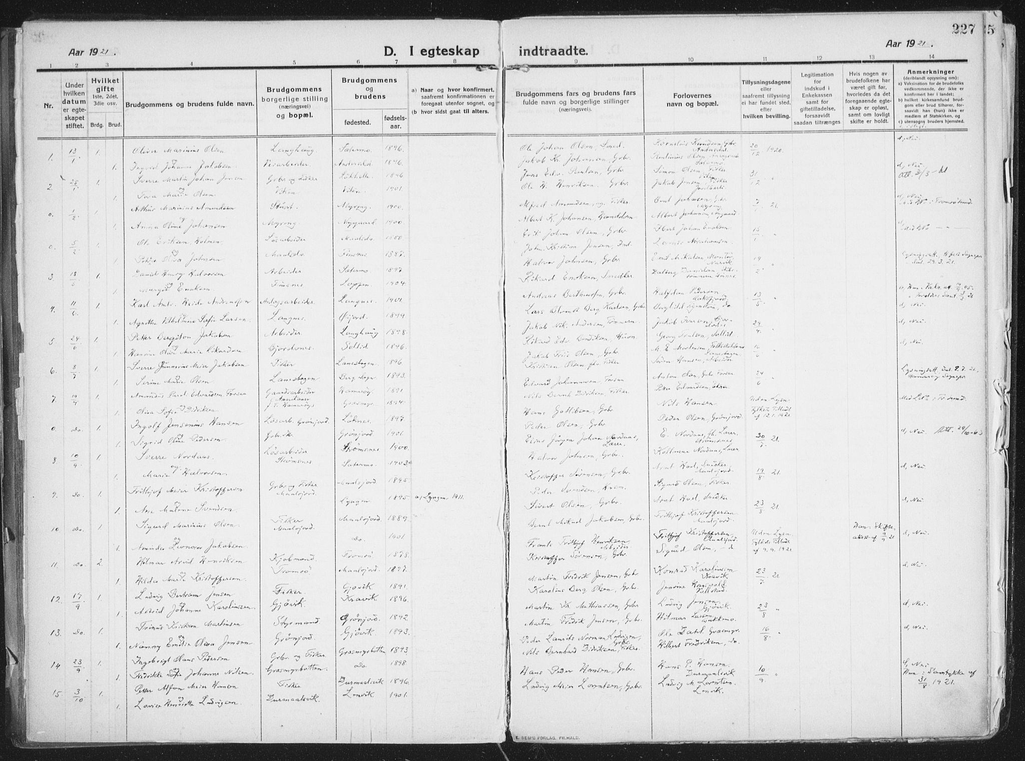 Lenvik sokneprestembete, AV/SATØ-S-1310/H/Ha/Haa/L0016kirke: Parish register (official) no. 16, 1910-1924, p. 227