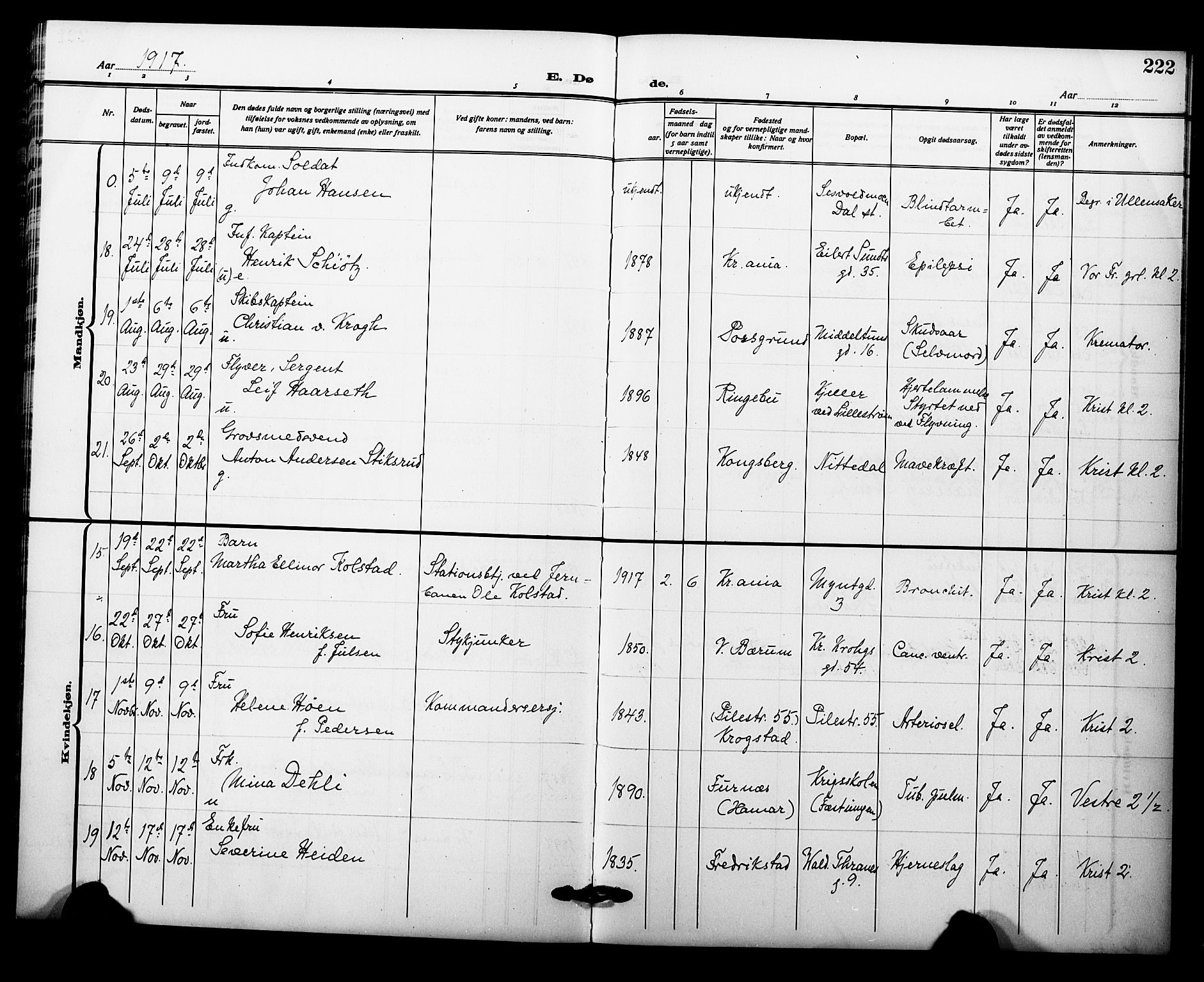 Garnisonsmenigheten Kirkebøker, AV/SAO-A-10846/F/Fa/L0015: Parish register (official) no. 15, 1915-1921, p. 222