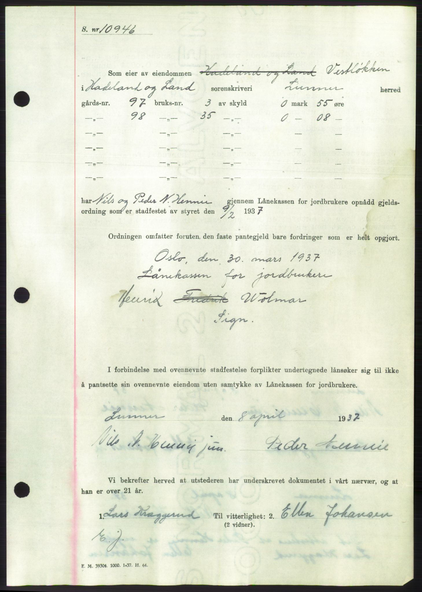 Hadeland og Land tingrett, SAH/TING-010/H/Hb/Hbc/L0002: Mortgage book no. B2, 1936-1937, Diary no: : 825/1937