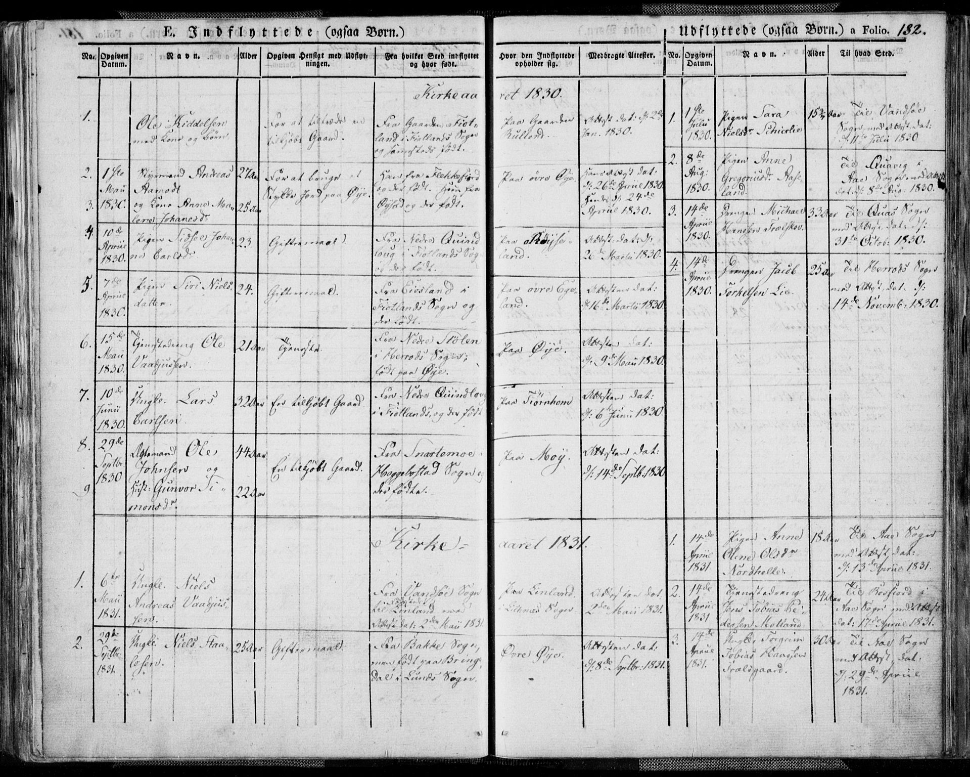 Kvinesdal sokneprestkontor, SAK/1111-0026/F/Fa/Fab/L0004: Parish register (official) no. A 4, 1829-1843, p. 182