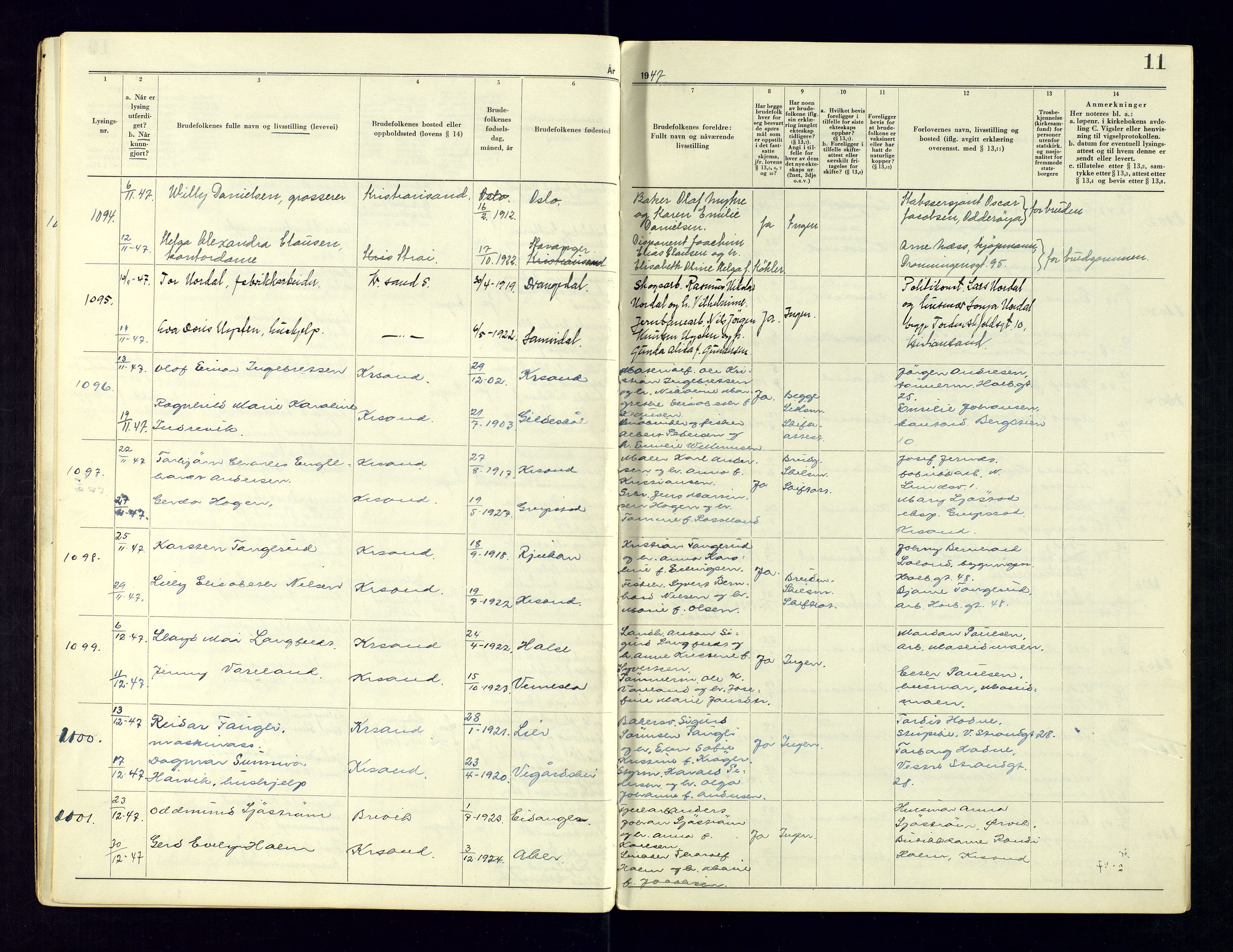 Kristiansand byrett - 2, AV/SAK-1223-0002/I/Ib/L0149/0004: Vigselbøker og lysningsbøker / Lysningsbok, 1946-1961, p. 11