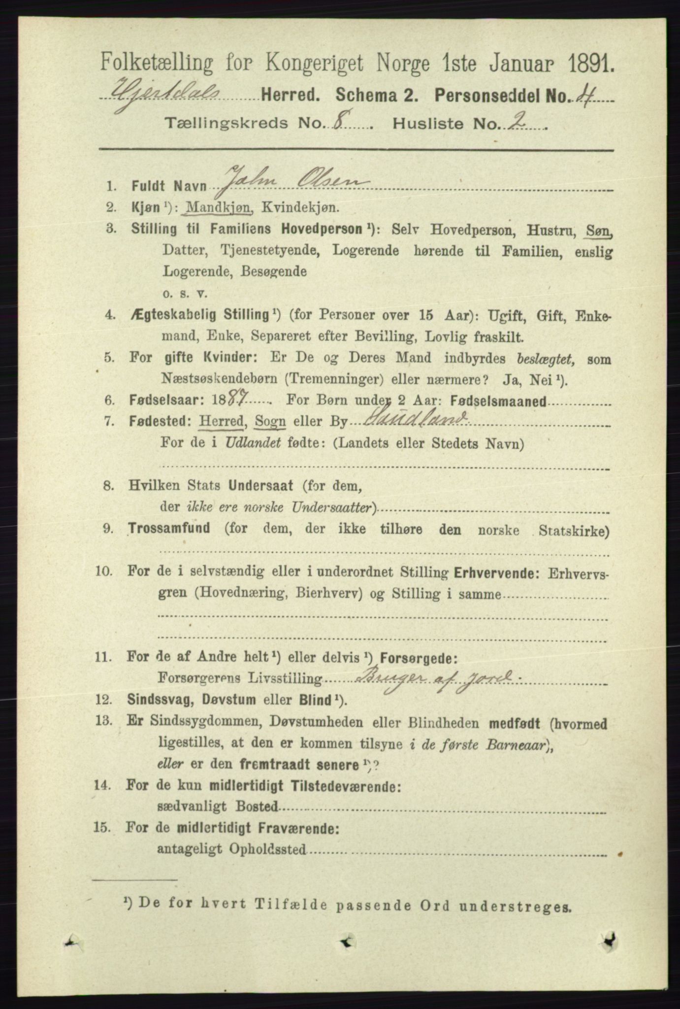 RA, 1891 census for 0827 Hjartdal, 1891, p. 2815