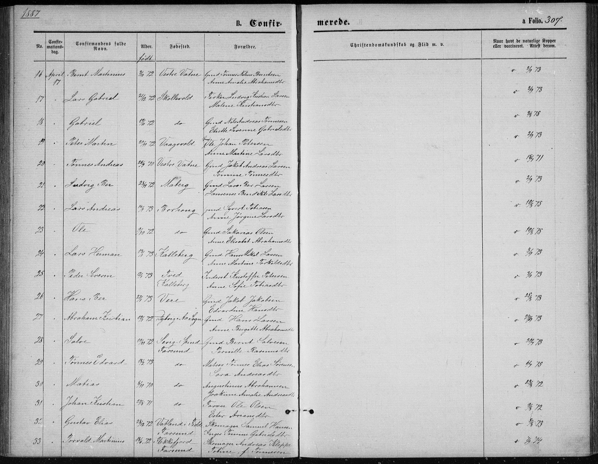 Lista sokneprestkontor, AV/SAK-1111-0027/F/Fb/L0004: Parish register (copy) no. B 4, 1877-1891, p. 307