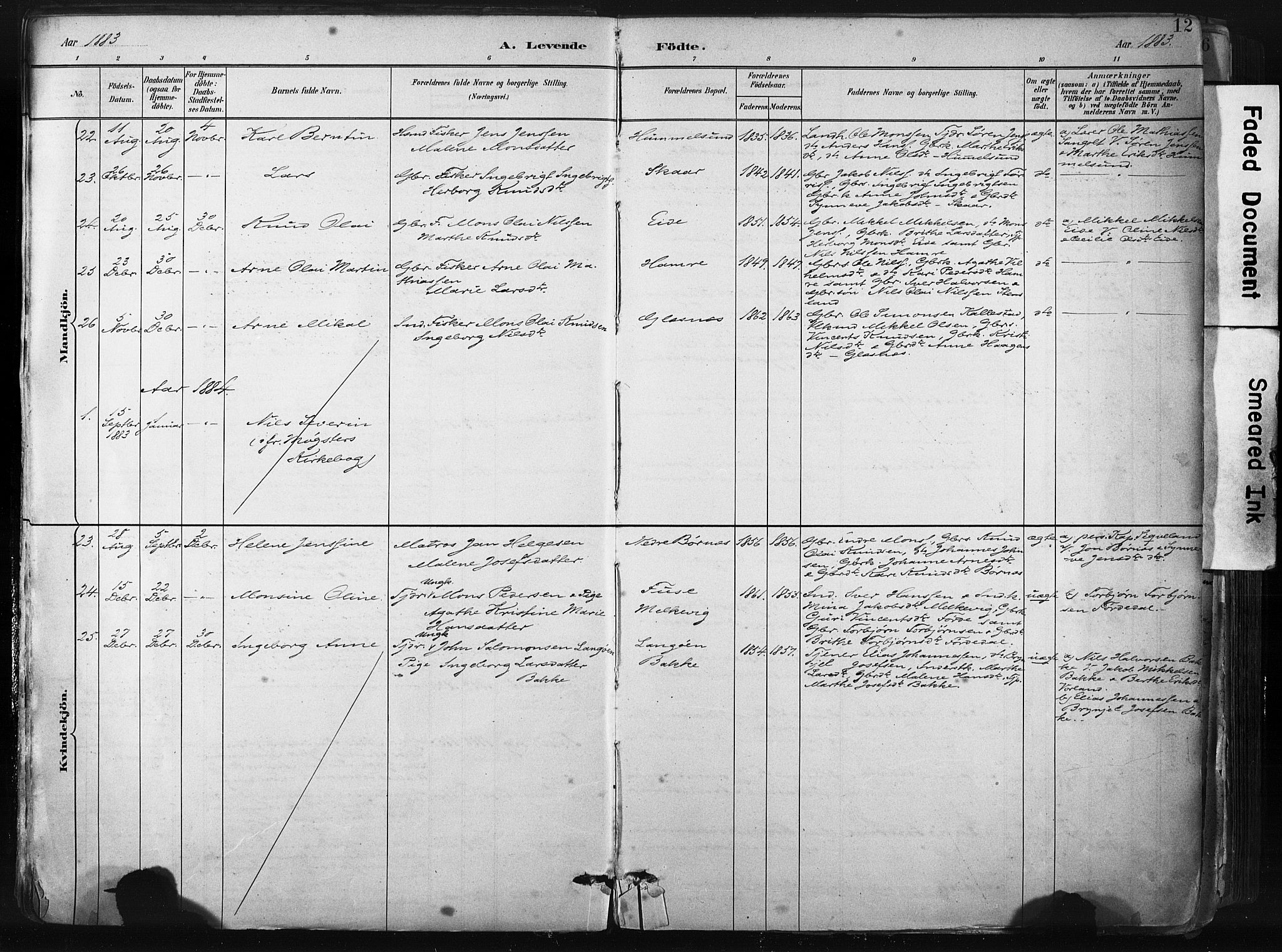 Sund sokneprestembete, AV/SAB-A-99930: Parish register (official) no. B 1, 1882-1907, p. 12