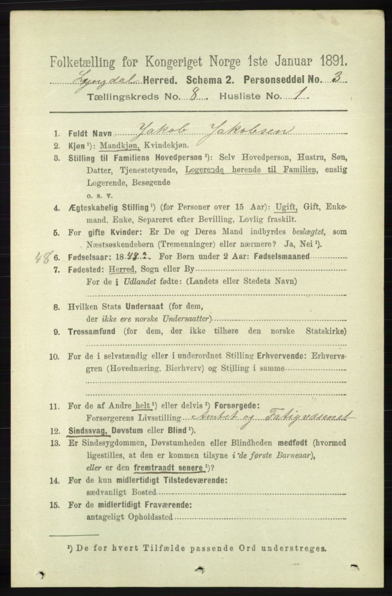 RA, 1891 census for 1032 Lyngdal, 1891, p. 3378