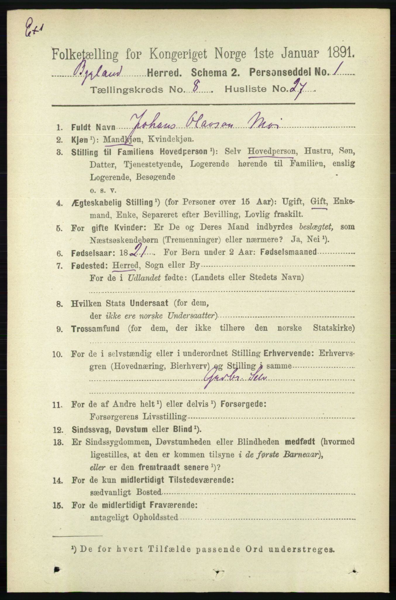 RA, Census 1891 for Nedenes amt: Gjenparter av personsedler for beslektede ektefeller, menn, 1891, p. 1038