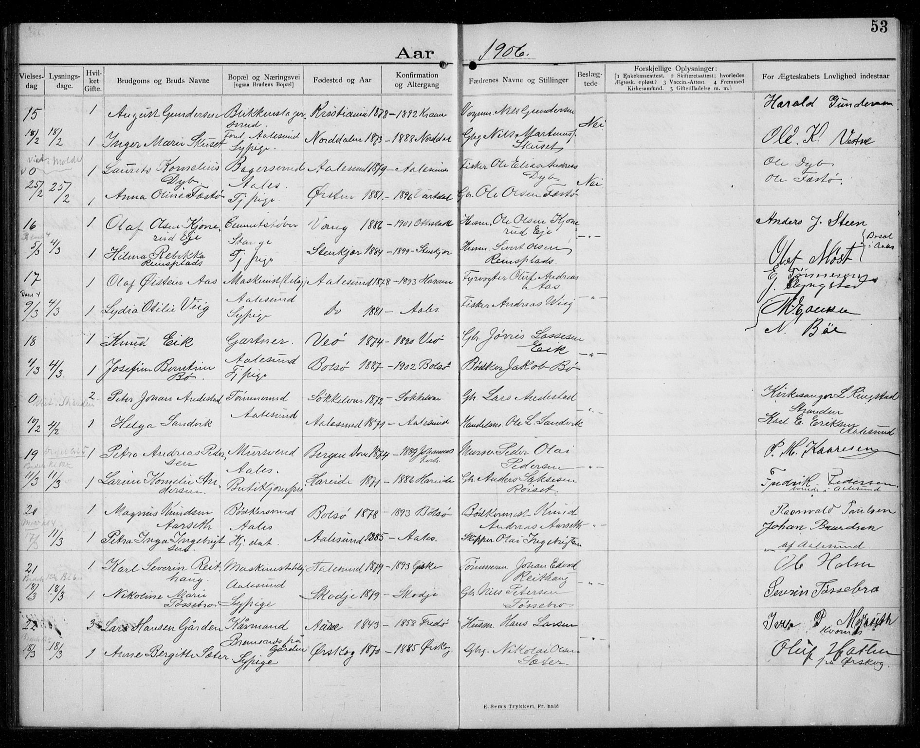 Ministerialprotokoller, klokkerbøker og fødselsregistre - Møre og Romsdal, AV/SAT-A-1454/529/L0458: Banns register no. 529A08, 1901-1918, p. 53