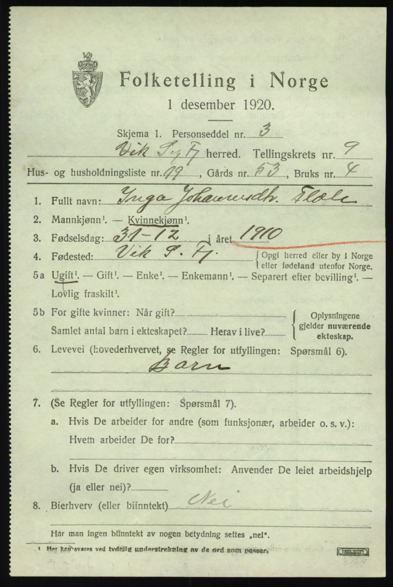 SAB, 1920 census for Vik, 1920, p. 5737