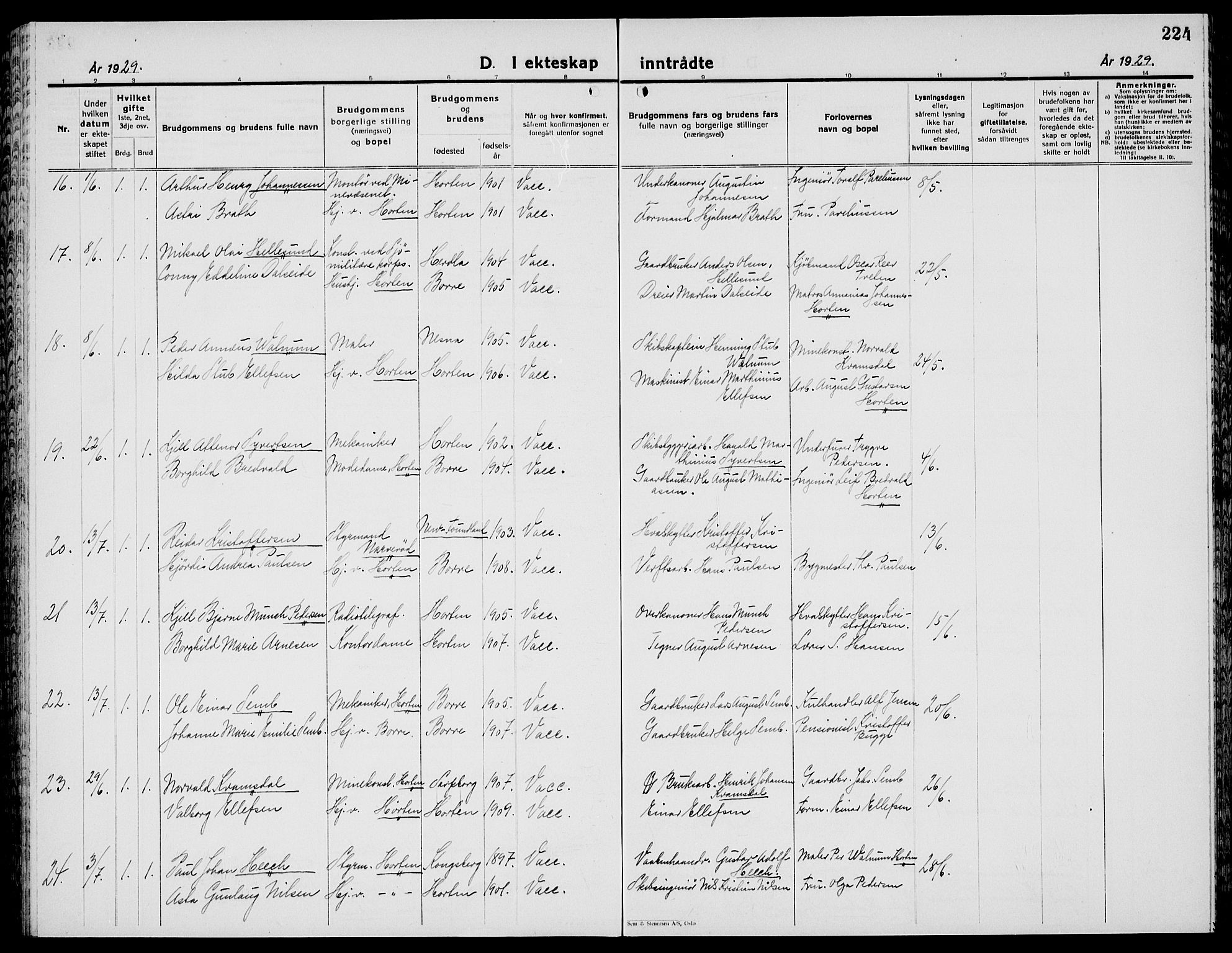 Horten kirkebøker, AV/SAKO-A-348/G/Ga/L0009: Parish register (copy) no. 9, 1926-1936, p. 224