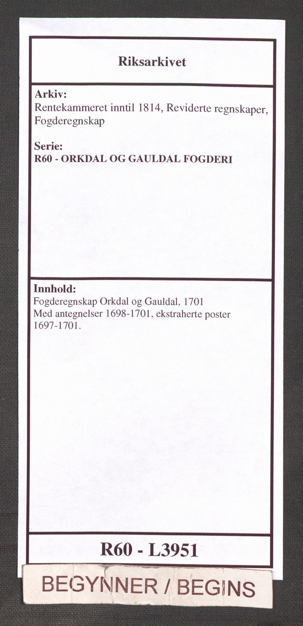 Rentekammeret inntil 1814, Reviderte regnskaper, Fogderegnskap, AV/RA-EA-4092/R60/L3951: Fogderegnskap Orkdal og Gauldal, 1701, p. 1