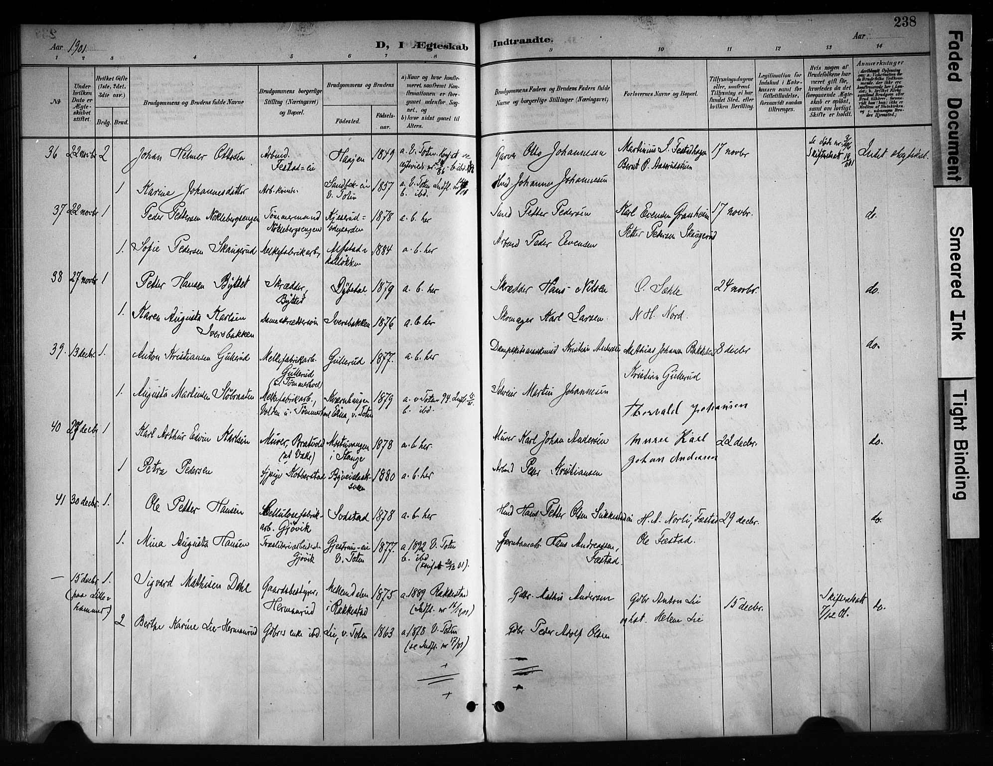 Østre Toten prestekontor, AV/SAH-PREST-104/H/Ha/Haa/L0008: Parish register (official) no. 8, 1897-1909, p. 238