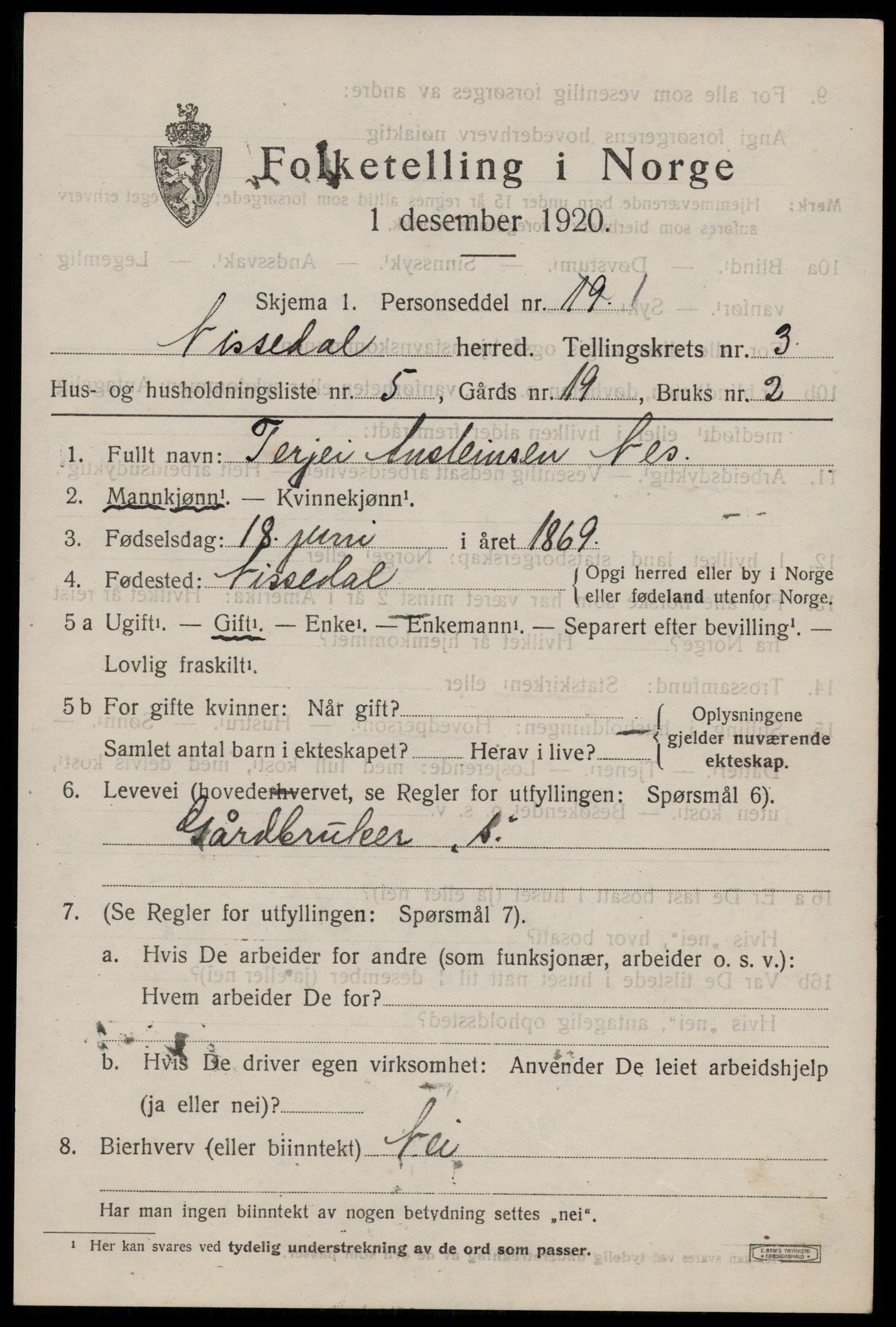 SAKO, 1920 census for Nissedal, 1920, p. 1533