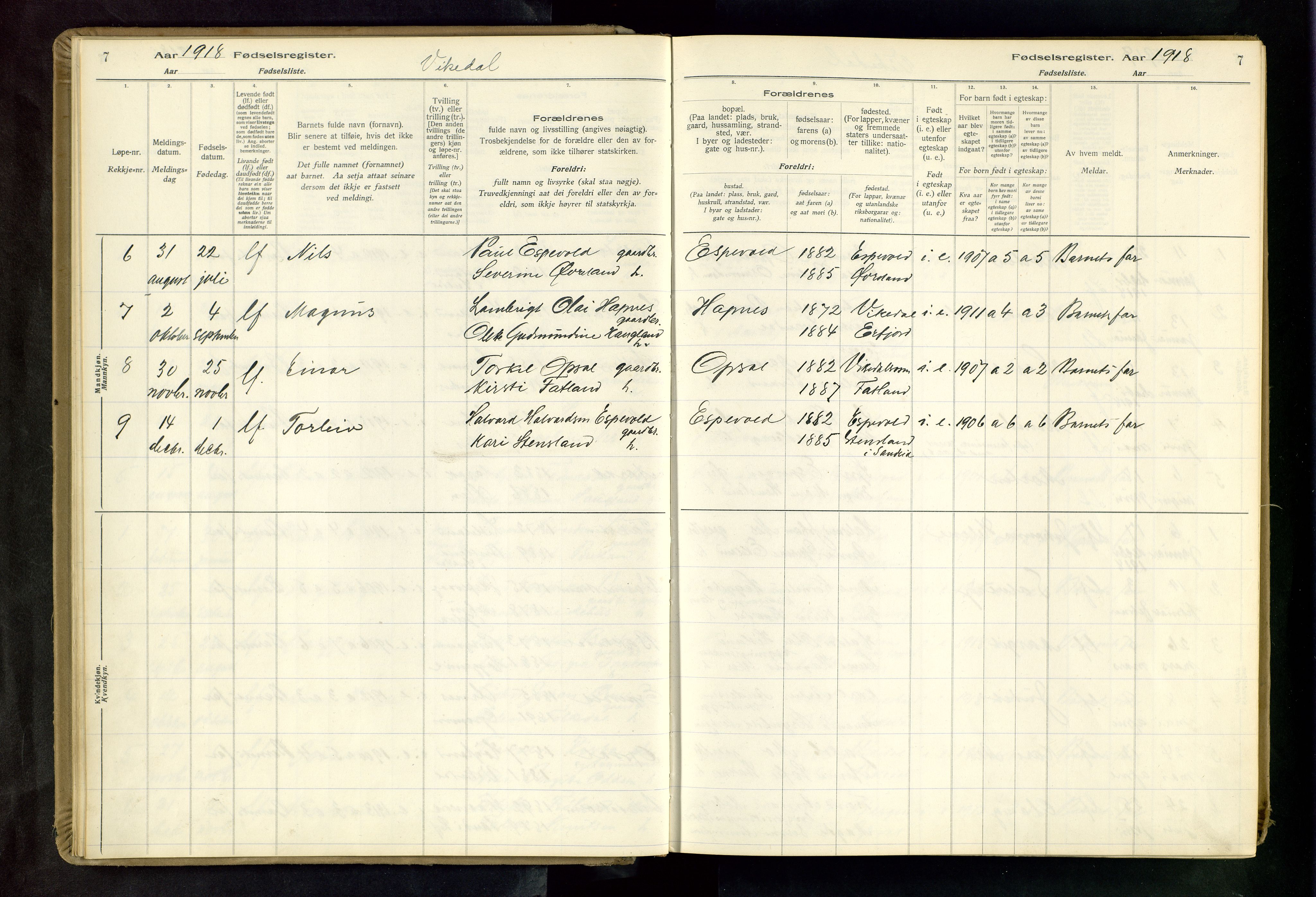 Vikedal sokneprestkontor, AV/SAST-A-101840/01/II: Birth register no. 3, 1916-1982, p. 7