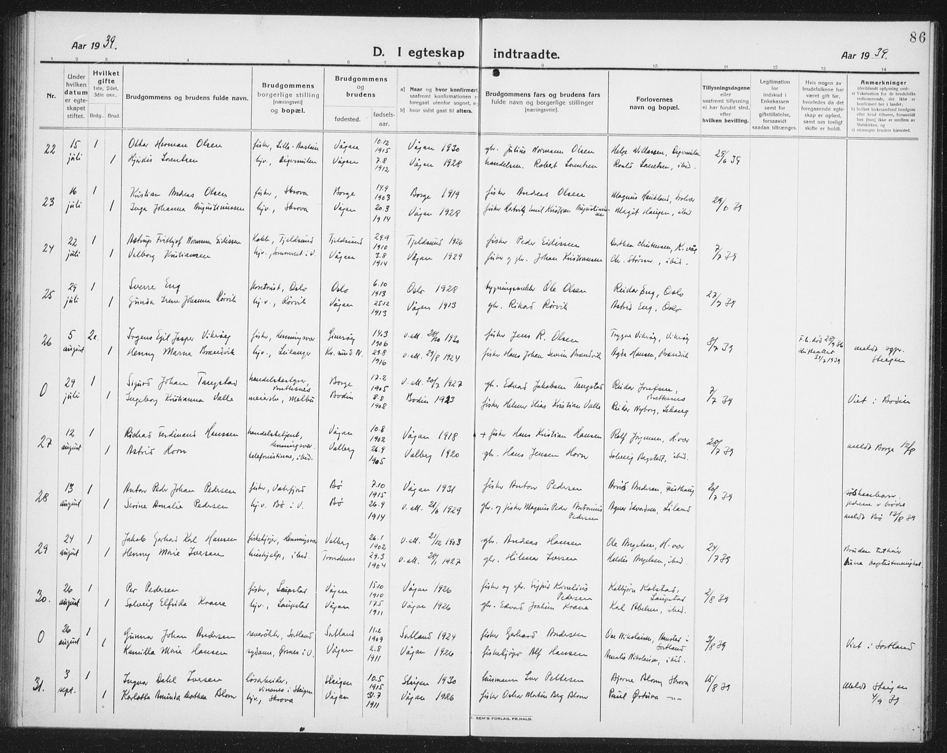 Ministerialprotokoller, klokkerbøker og fødselsregistre - Nordland, SAT/A-1459/874/L1082: Parish register (copy) no. 874C11, 1920-1939, p. 86