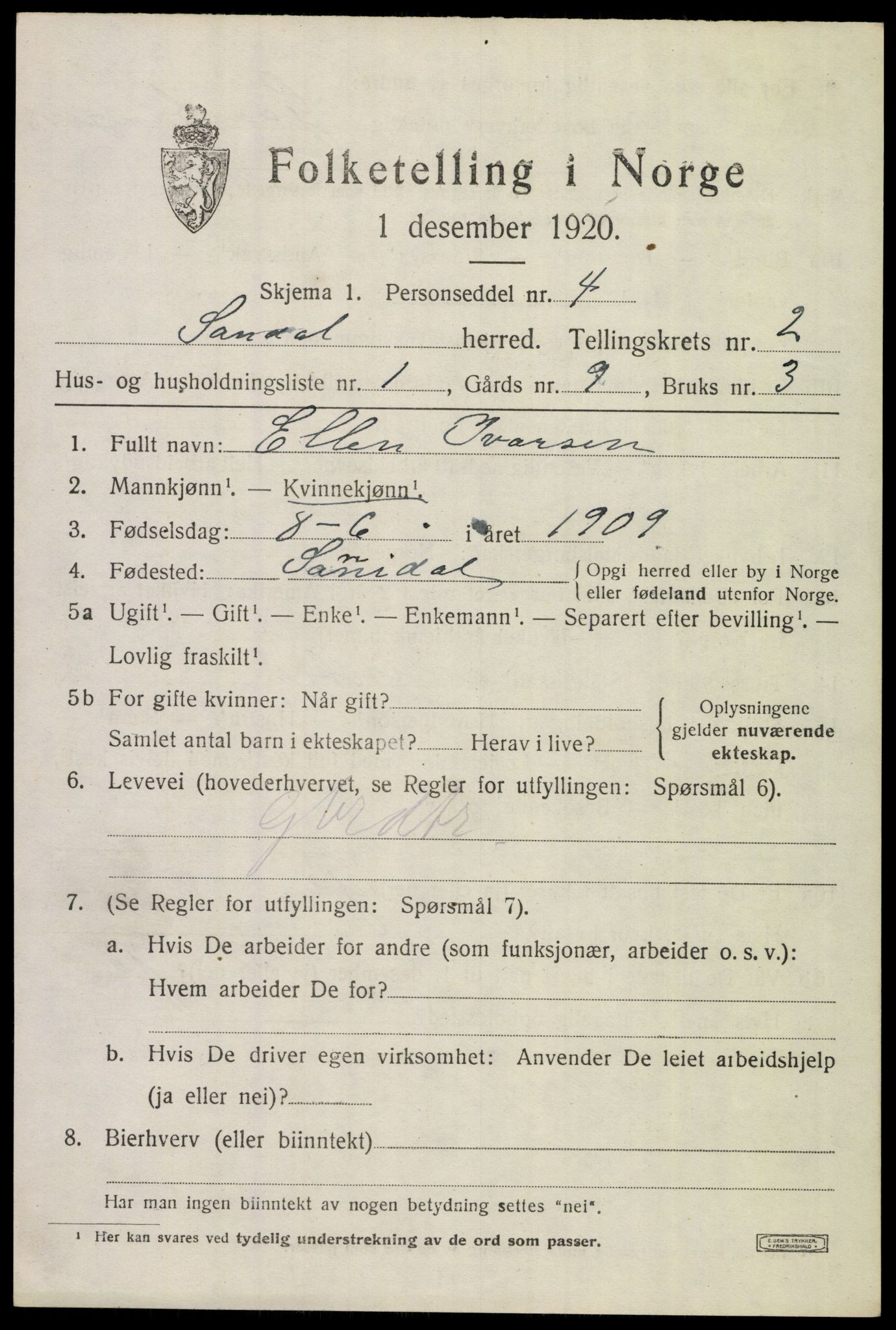 SAKO, 1920 census for Sannidal, 1920, p. 1649
