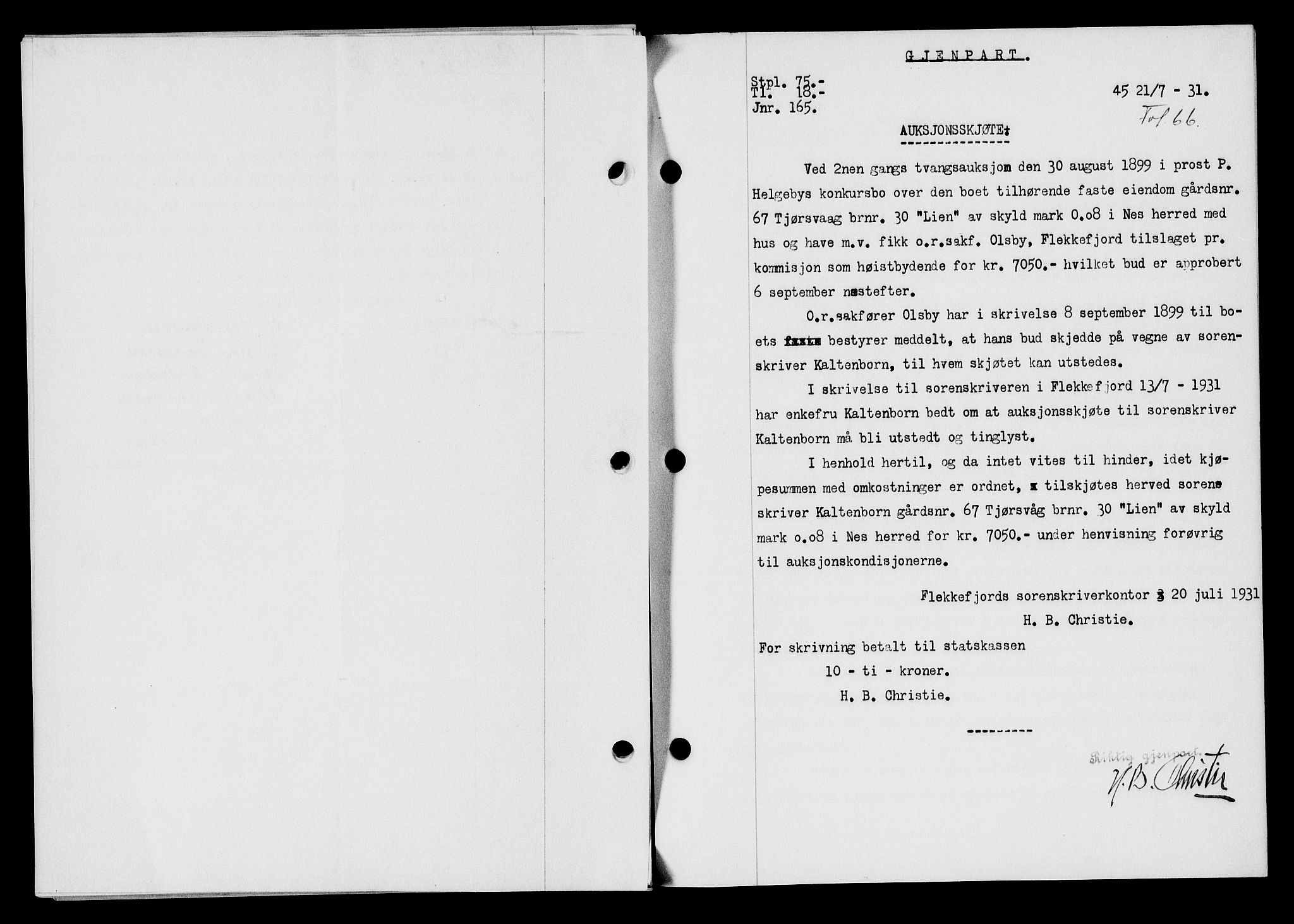 Flekkefjord sorenskriveri, SAK/1221-0001/G/Gb/Gba/L0046: Mortgage book no. 44, 1930-1931, Deed date: 21.07.1931