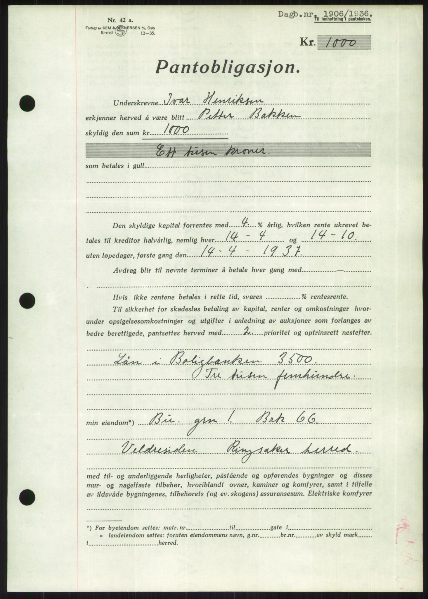 Nord-Hedmark sorenskriveri, SAH/TING-012/H/Hb/Hbf/L0001: Mortgage book no. B1, 1936-1936, Diary no: : 1906/1936