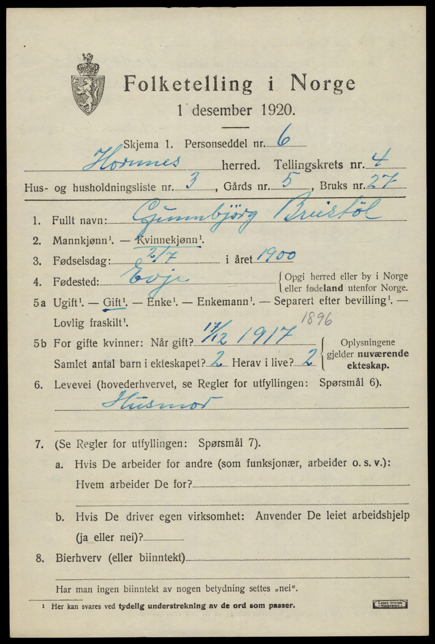 SAK, 1920 census for Hornnes, 1920, p. 1167