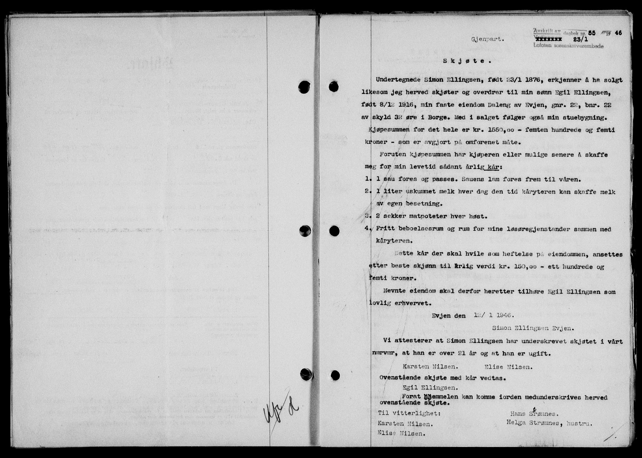 Lofoten sorenskriveri, SAT/A-0017/1/2/2C/L0013a: Mortgage book no. 13a, 1944-1946, Diary no: : 55/1946