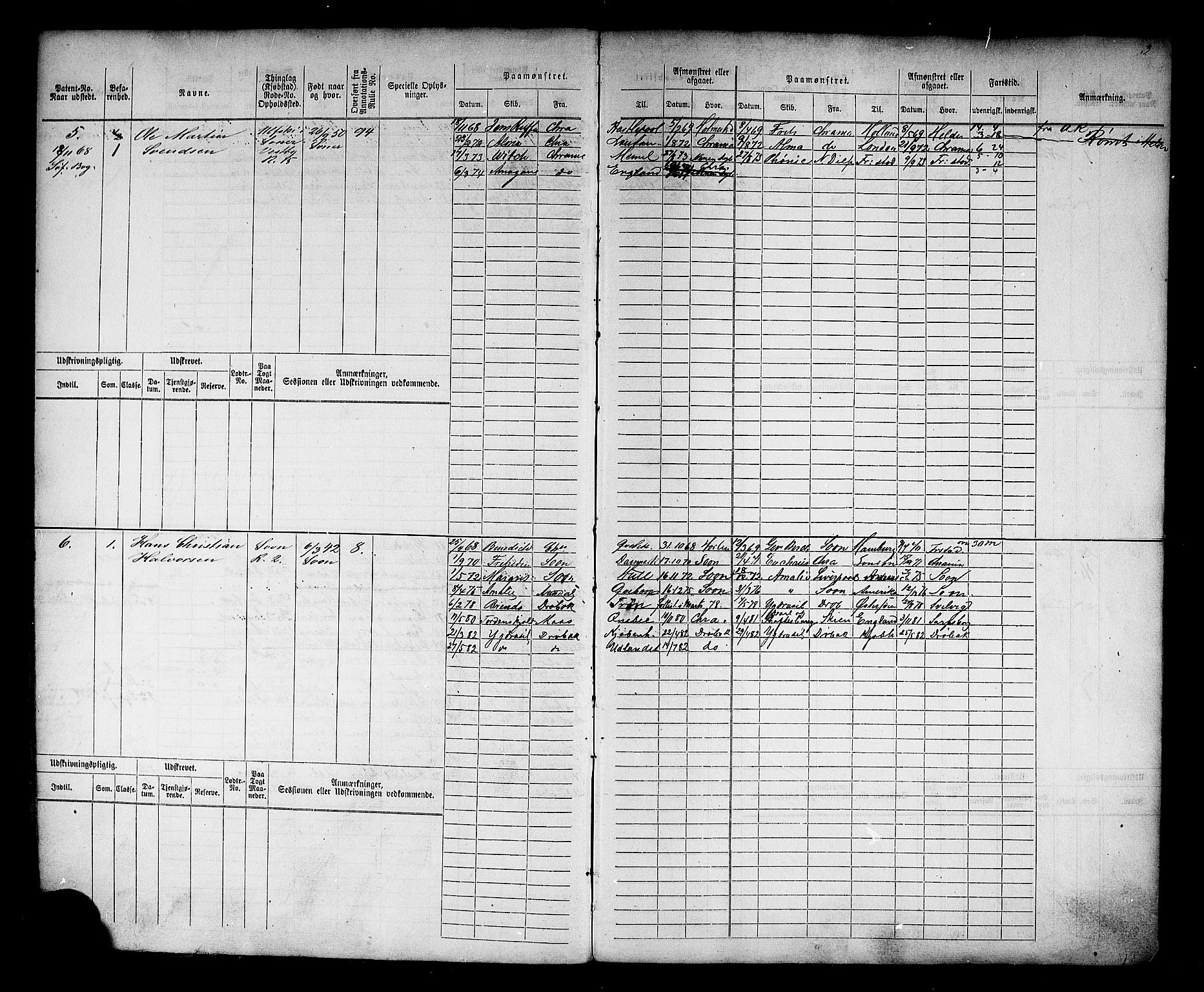 Son mønstringskontor, AV/SAO-A-10569e/F/Fc/Fcb/L0002: Hovedrulle, 1868-1881, p. 5