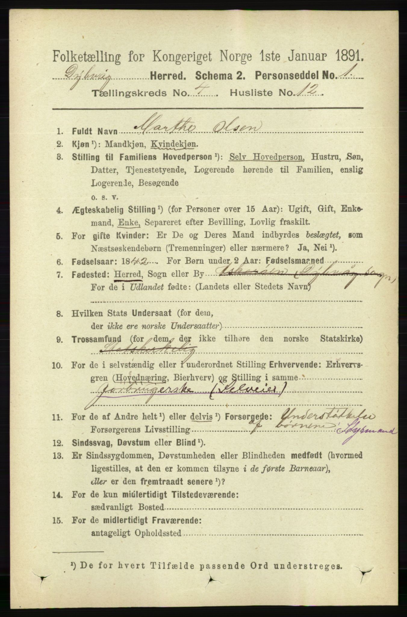 RA, 1891 census for 0915 Dypvåg, 1891, p. 1080