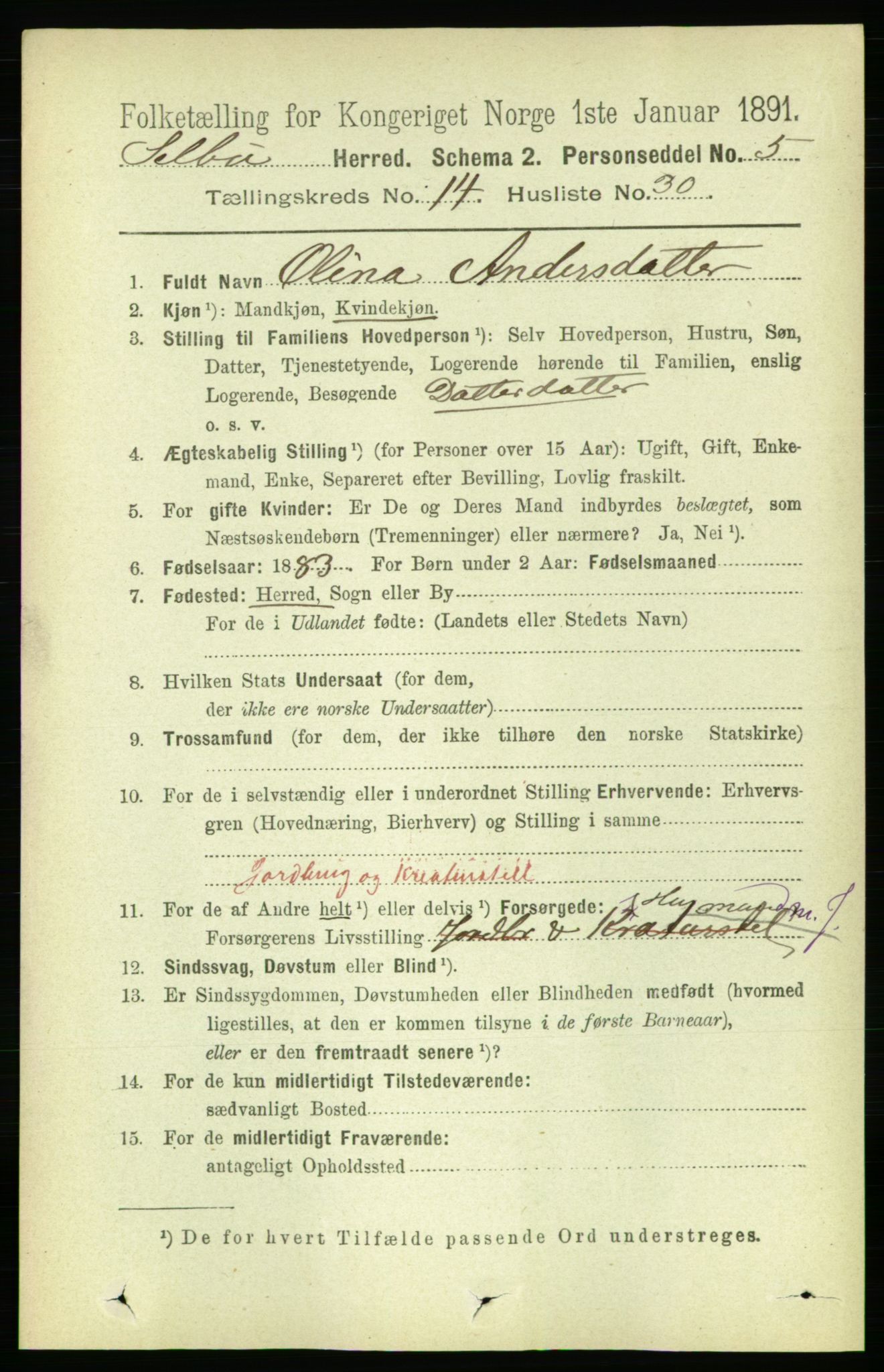 RA, 1891 census for 1664 Selbu, 1891, p. 5287