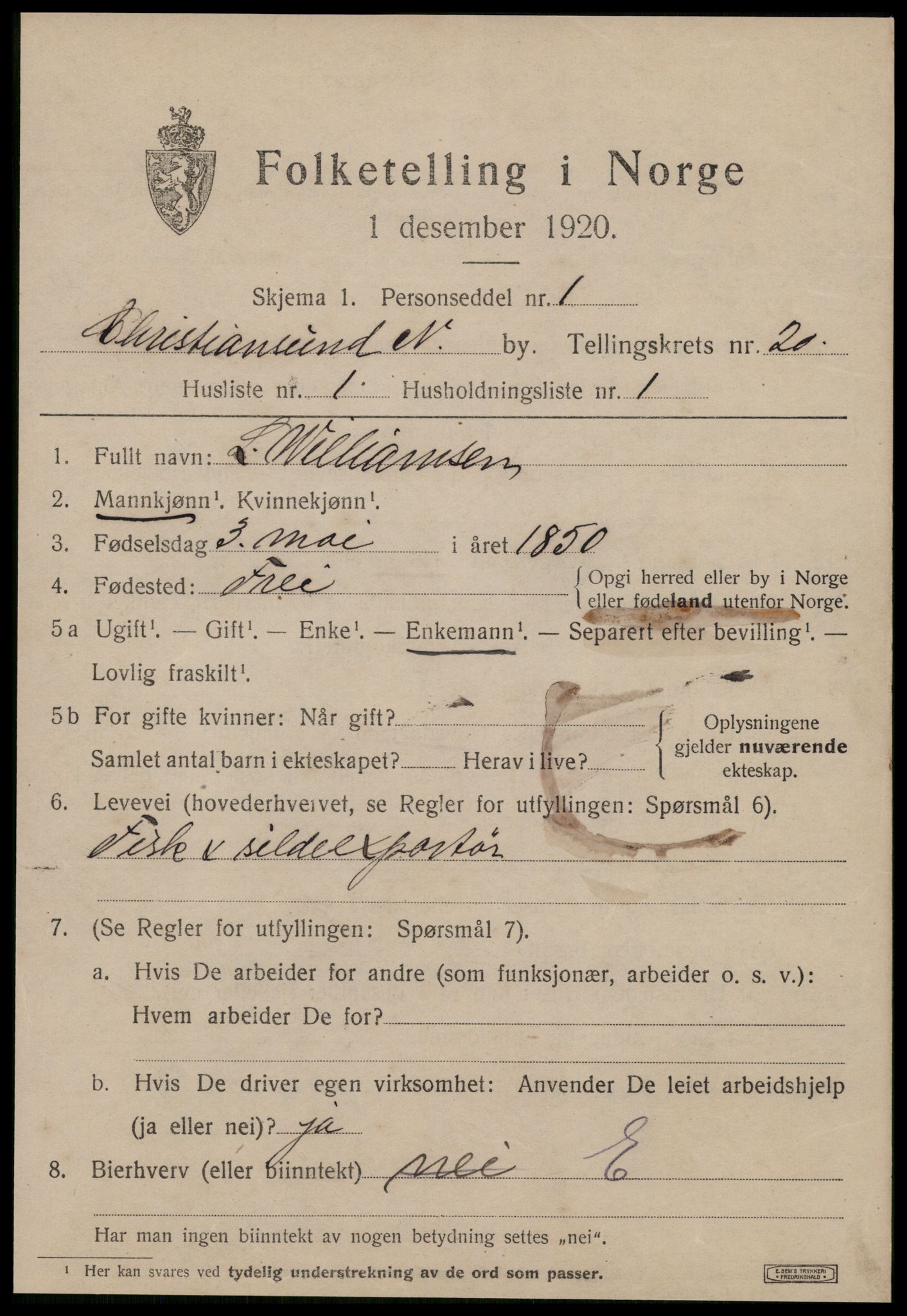 SAT, 1920 census for Kristiansund, 1920, p. 40481