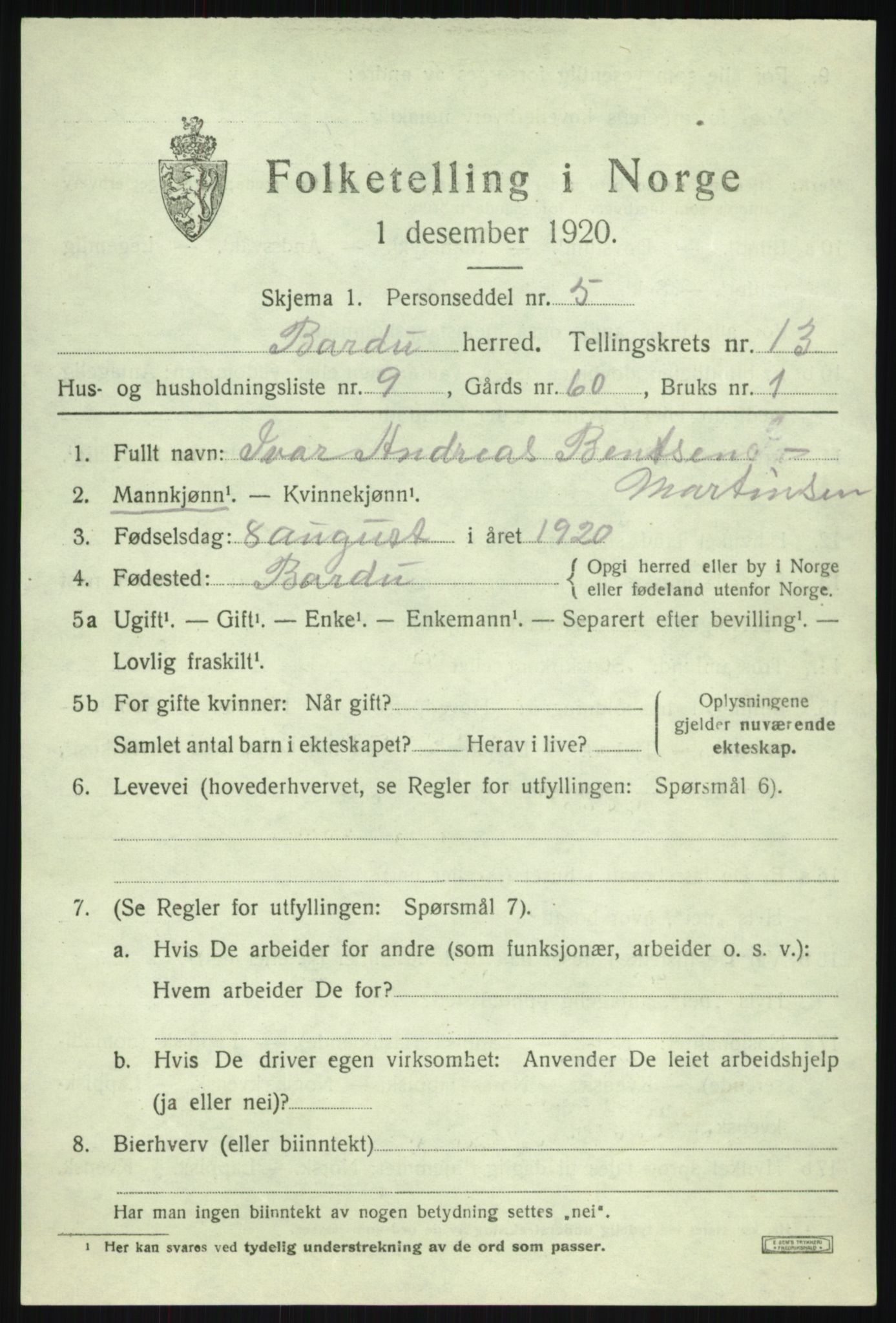 SATØ, 1920 census for Bardu, 1920, p. 4215