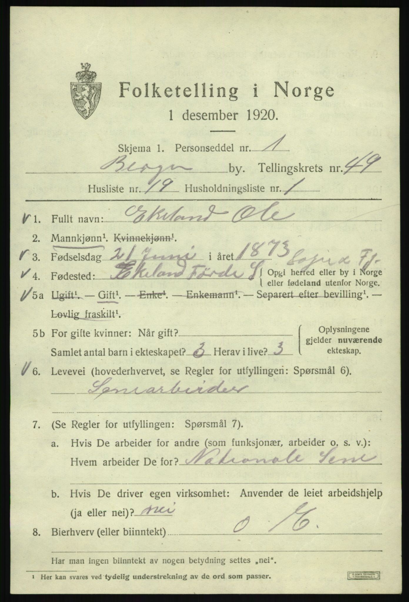 SAB, 1920 census for Bergen, 1920, p. 118427