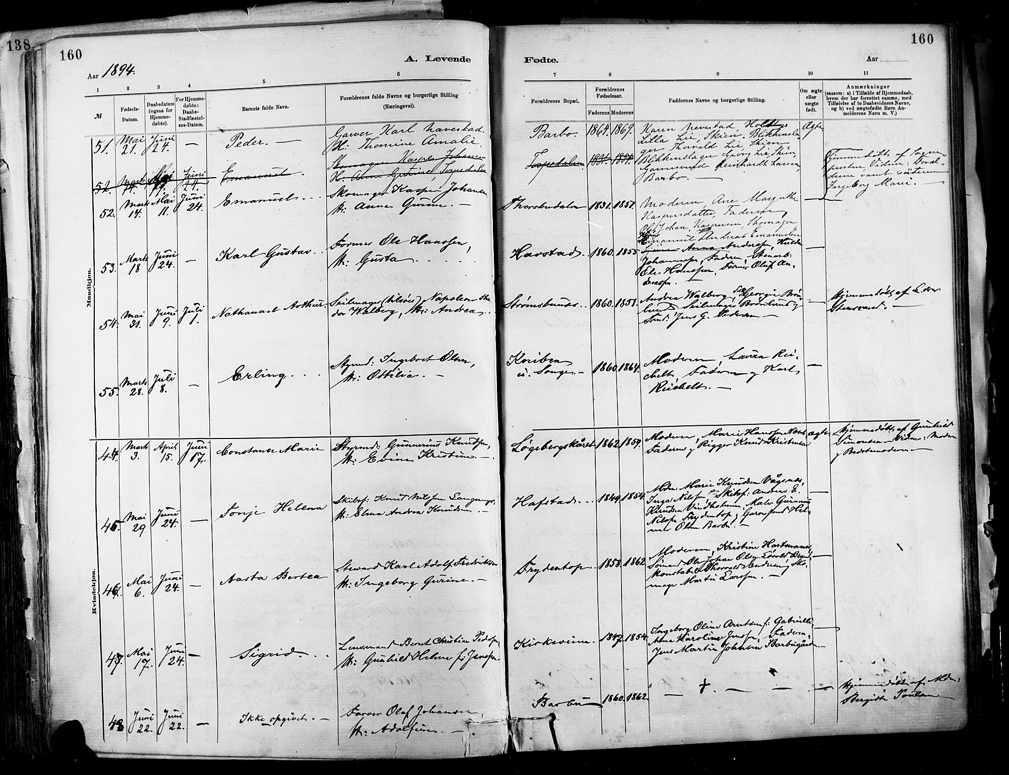 Barbu sokneprestkontor, SAK/1111-0003/F/Fa/L0002: Parish register (official) no. A 2, 1883-1898, p. 160
