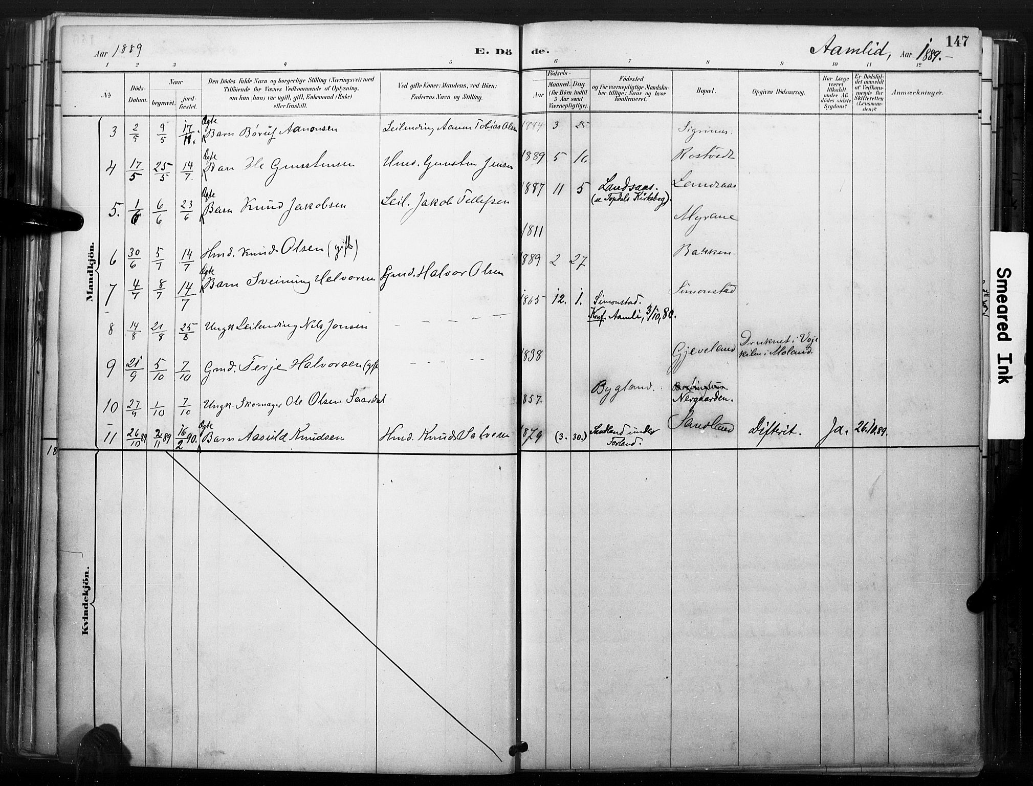Åmli sokneprestkontor, SAK/1111-0050/F/Fa/Fac/L0010: Parish register (official) no. A 10 /1, 1885-1899, p. 147