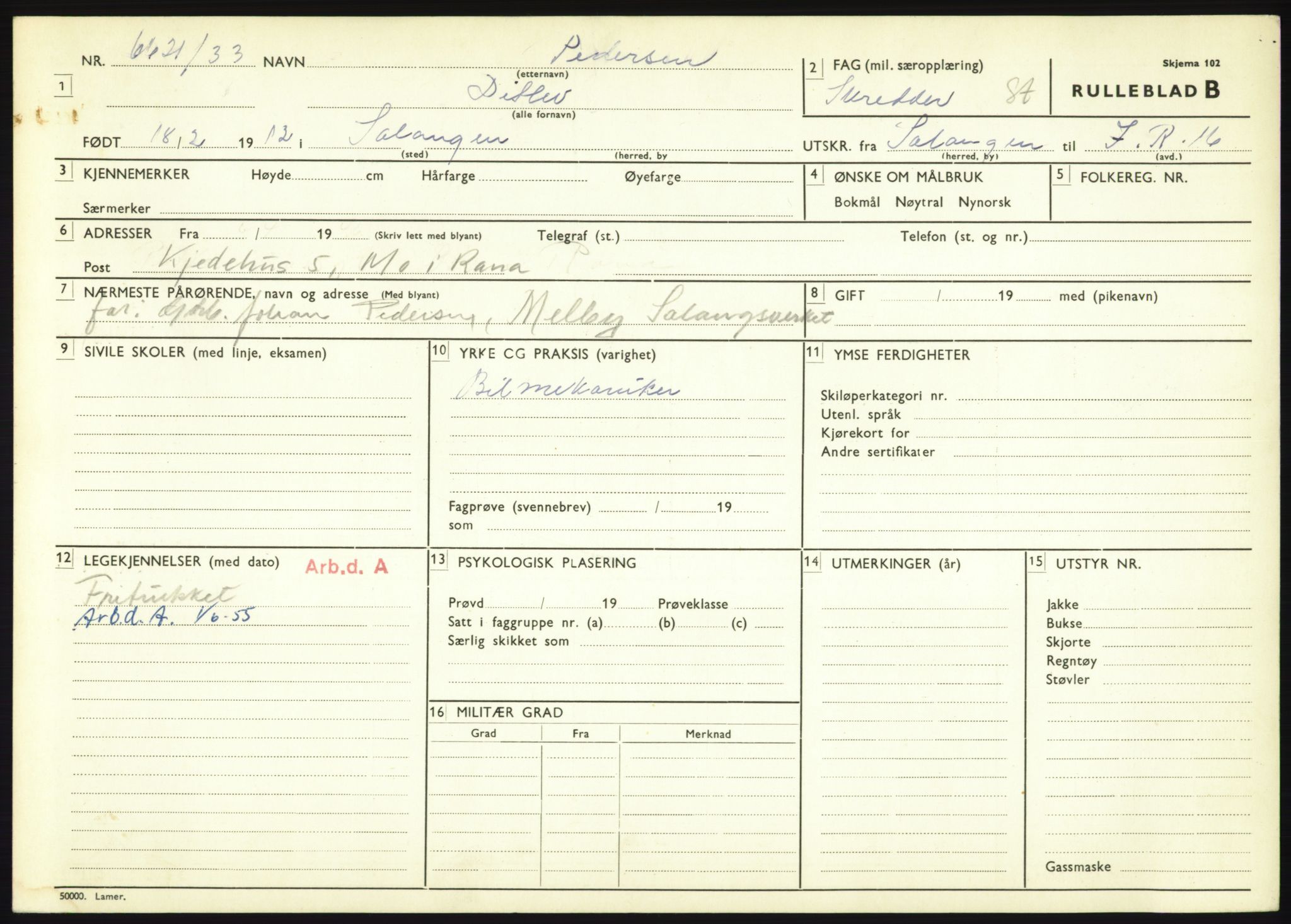 Forsvaret, Troms infanteriregiment nr. 16, AV/RA-RAFA-3146/P/Pa/L0017: Rulleblad for regimentets menige mannskaper, årsklasse 1933, 1933, p. 993