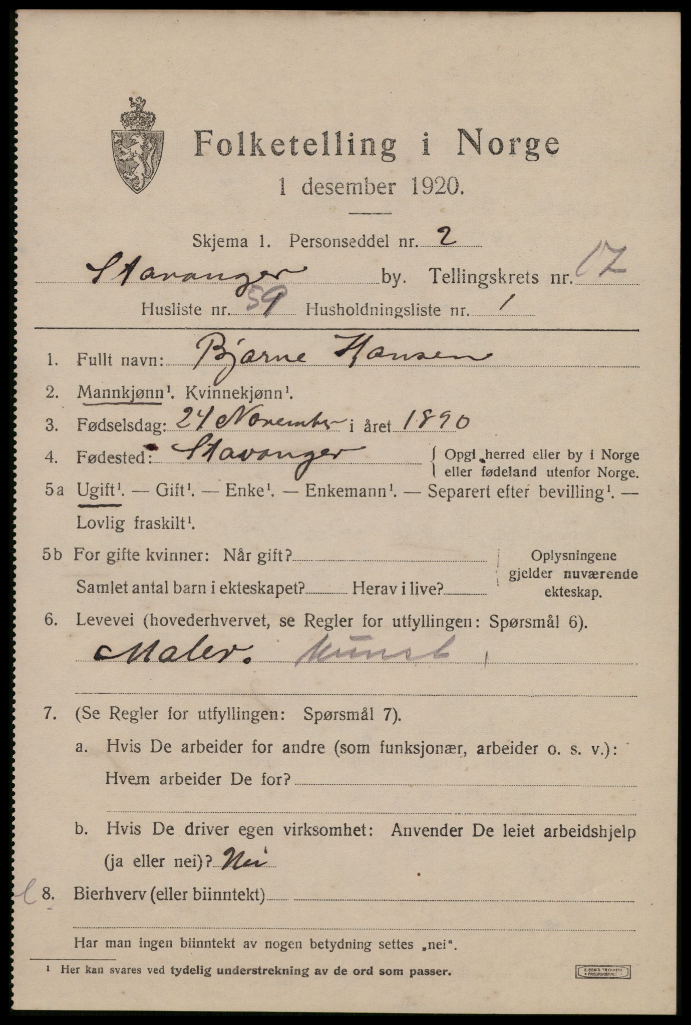 SAST, 1920 census for Stavanger, 1920, p. 66064