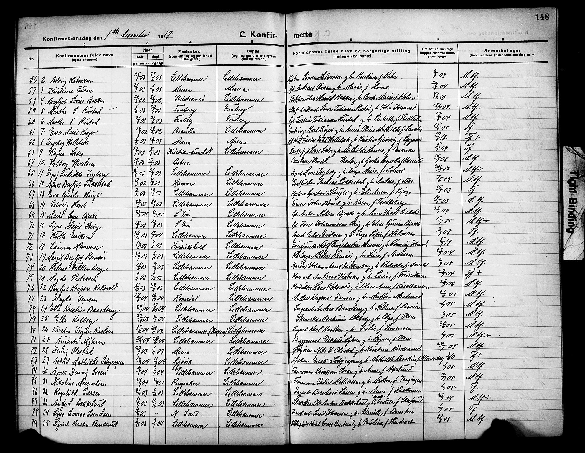 Lillehammer prestekontor, AV/SAH-PREST-088/H/Ha/Hab/L0002: Parish register (copy) no. 2, 1913-1929, p. 148