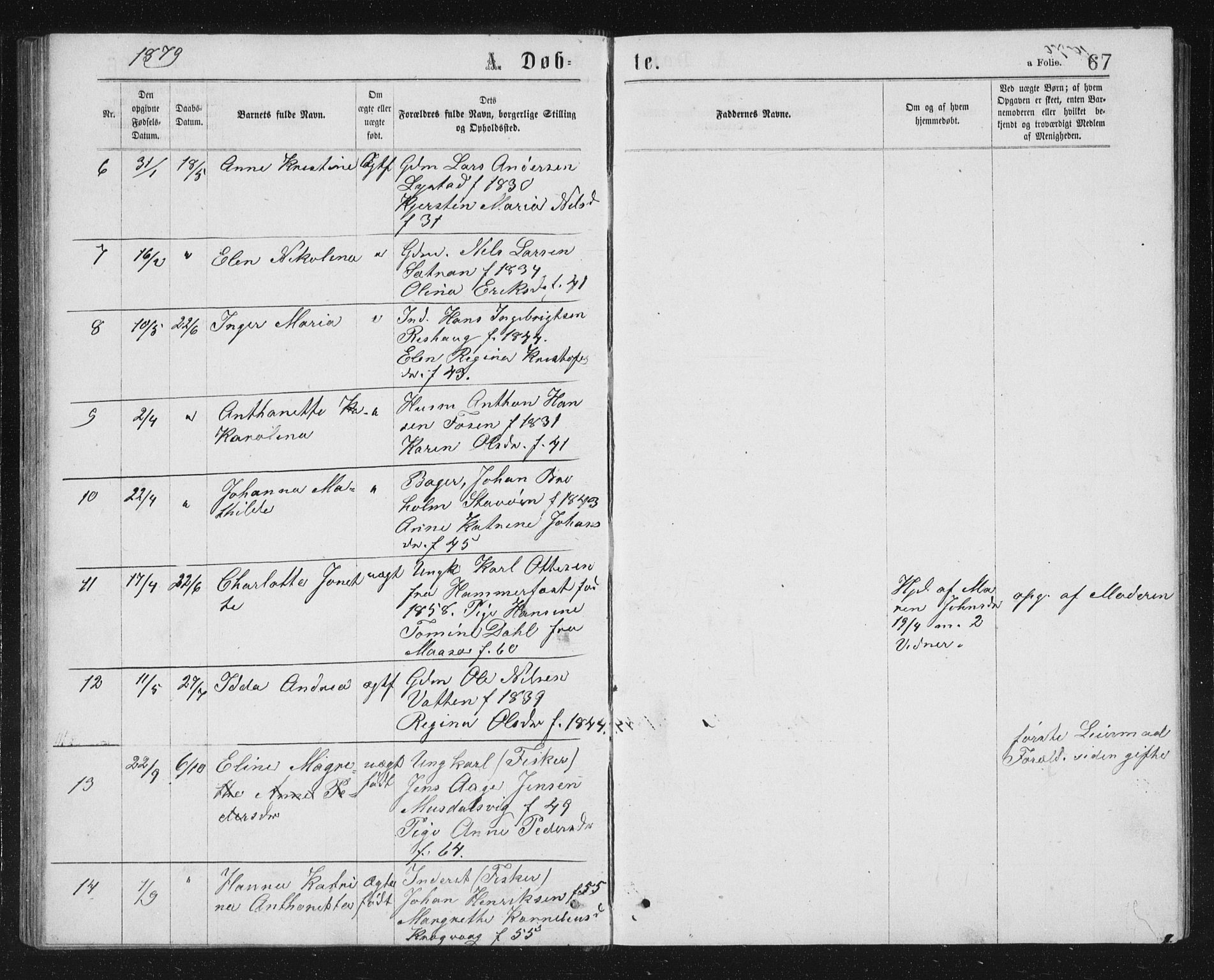 Ministerialprotokoller, klokkerbøker og fødselsregistre - Sør-Trøndelag, SAT/A-1456/662/L0756: Parish register (copy) no. 662C01, 1869-1891, p. 67