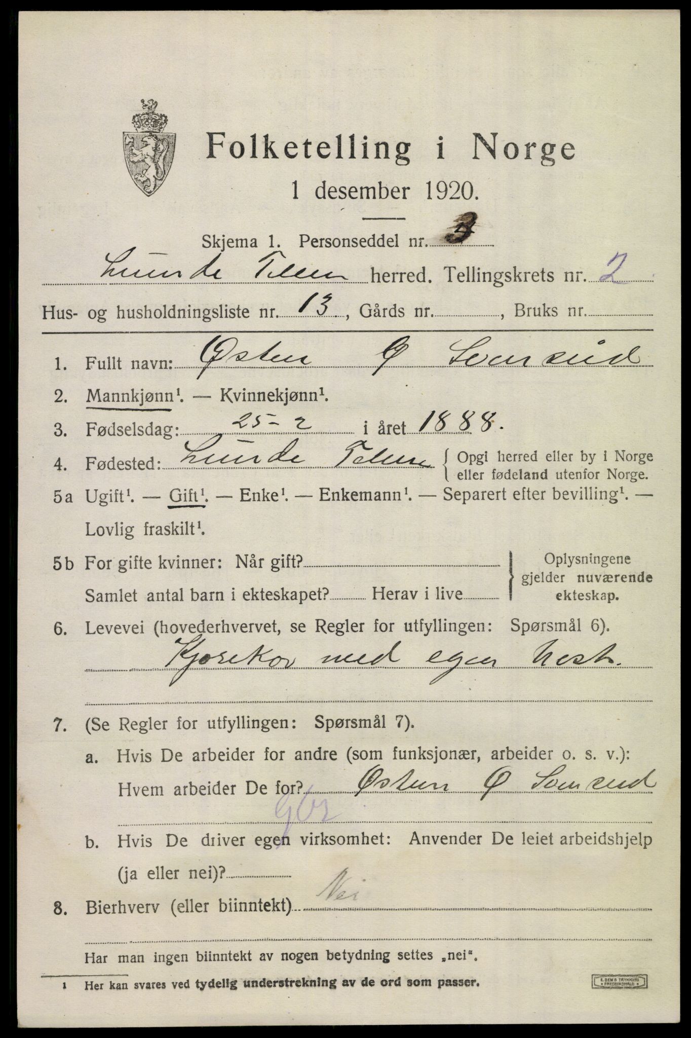 SAKO, 1920 census for Lunde, 1920, p. 1729