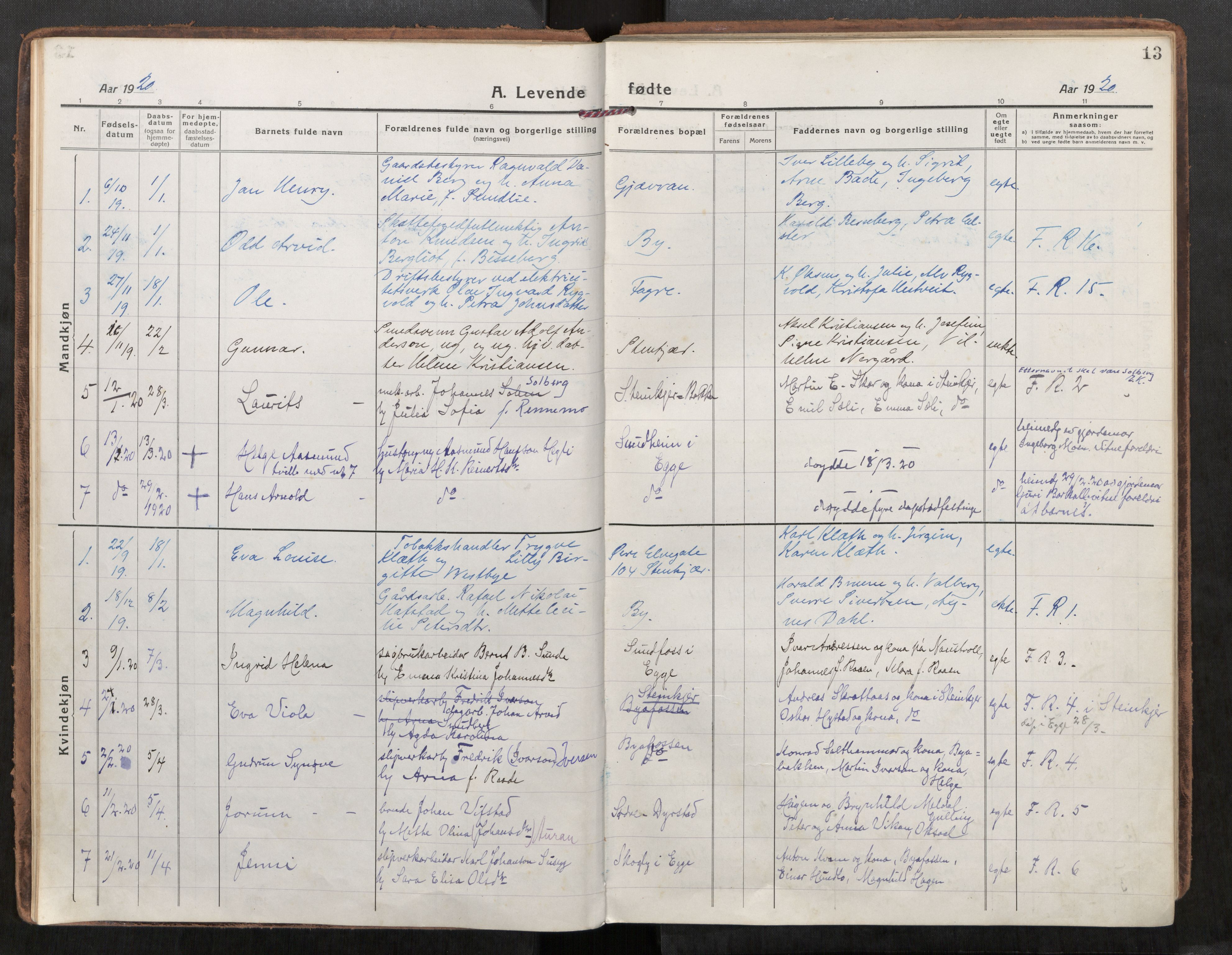Steinkjer sokneprestkontor, SAT/A-1541/01/H/Ha/Haa/L0004: Parish register (official) no. 4, 1918-1924, p. 13