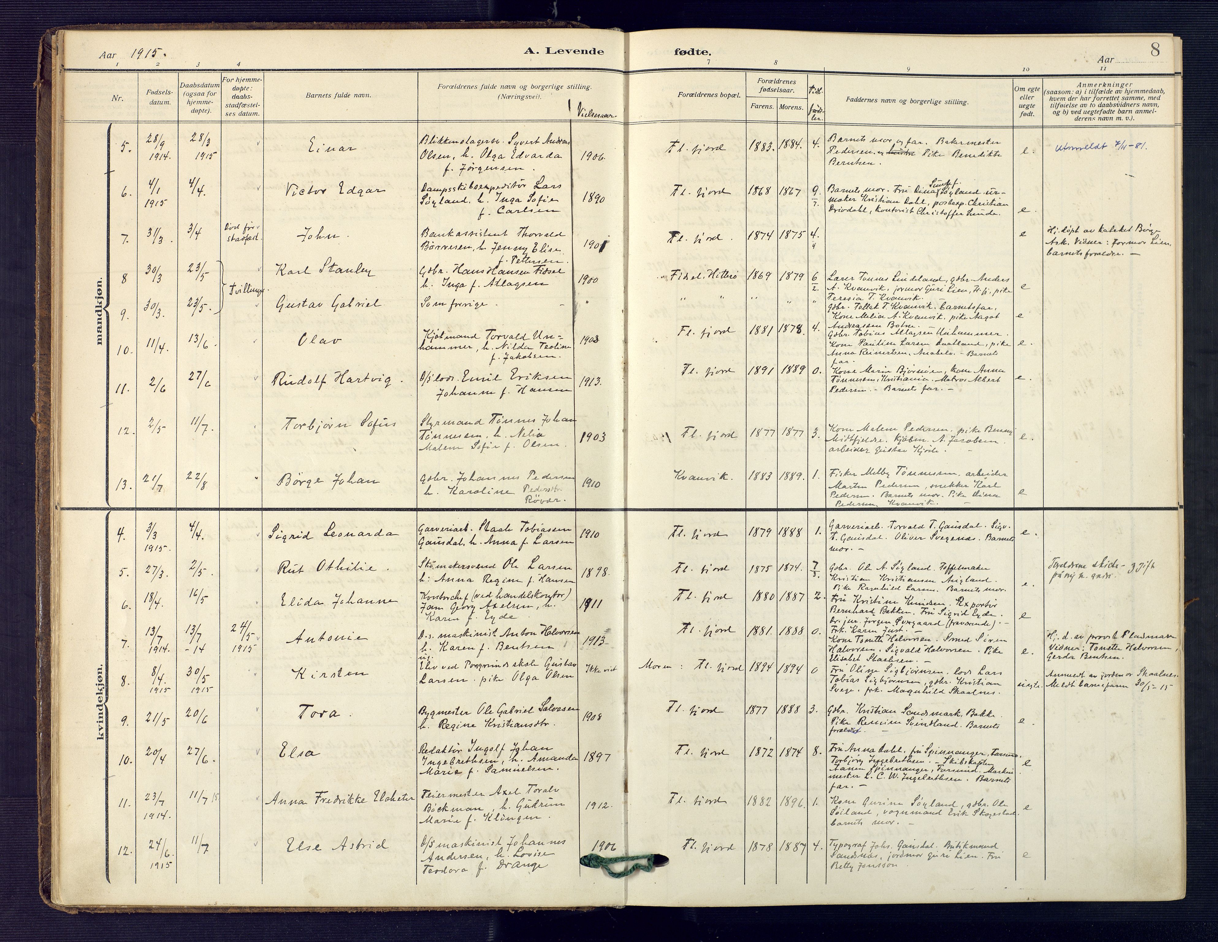 Flekkefjord sokneprestkontor, SAK/1111-0012/F/Fa/Faa/L0003: Parish register (official) no. A 3, 1913-1928, p. 8