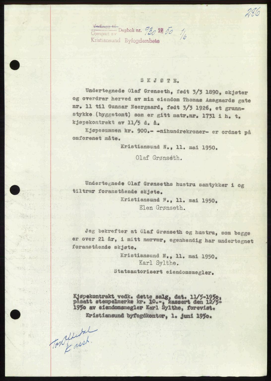 Kristiansund byfogd, AV/SAT-A-4587/A/27: Mortgage book no. 46, 1949-1950, Diary no: : 930/1950