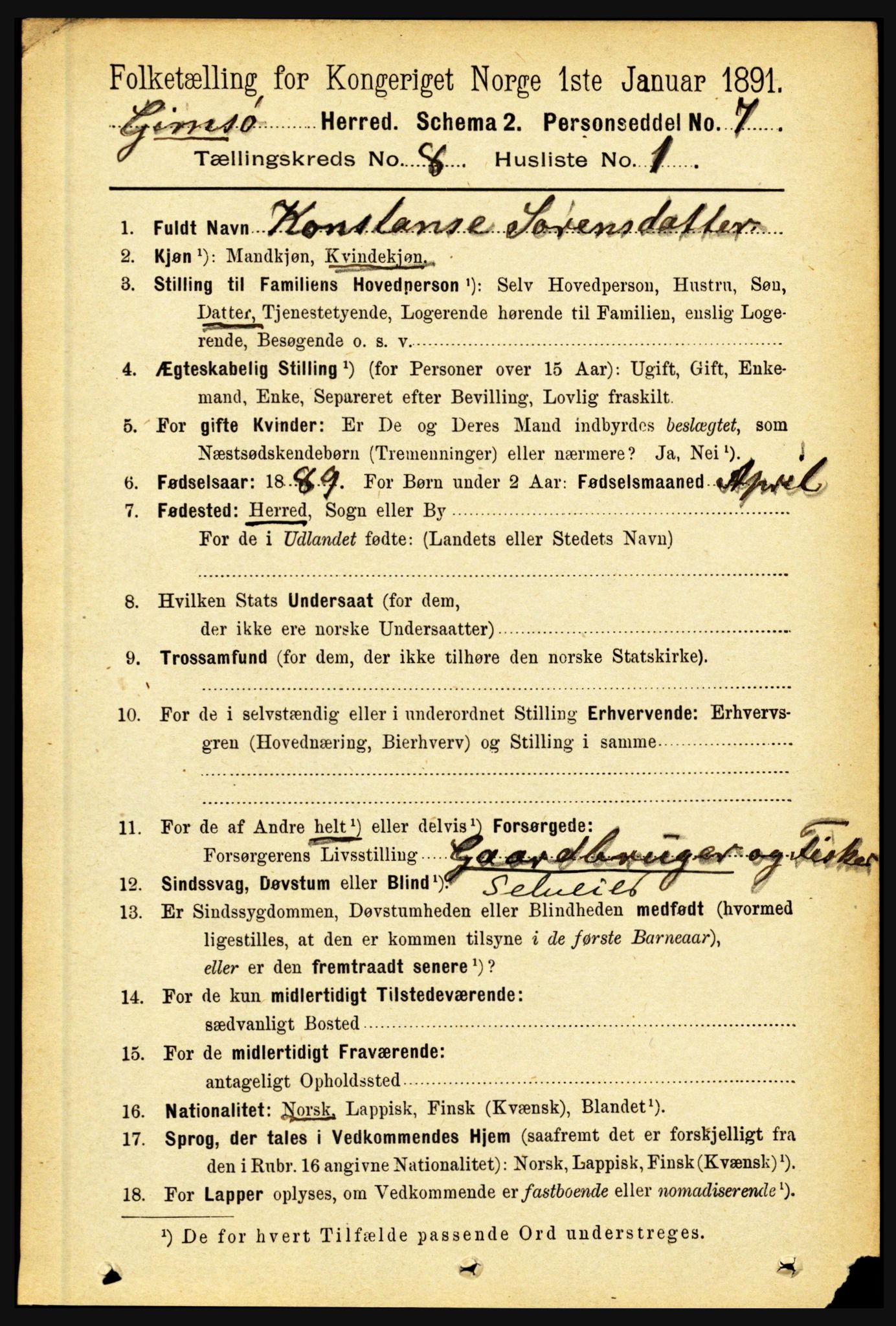 RA, 1891 census for 1864 Gimsøy, 1891, p. 1419