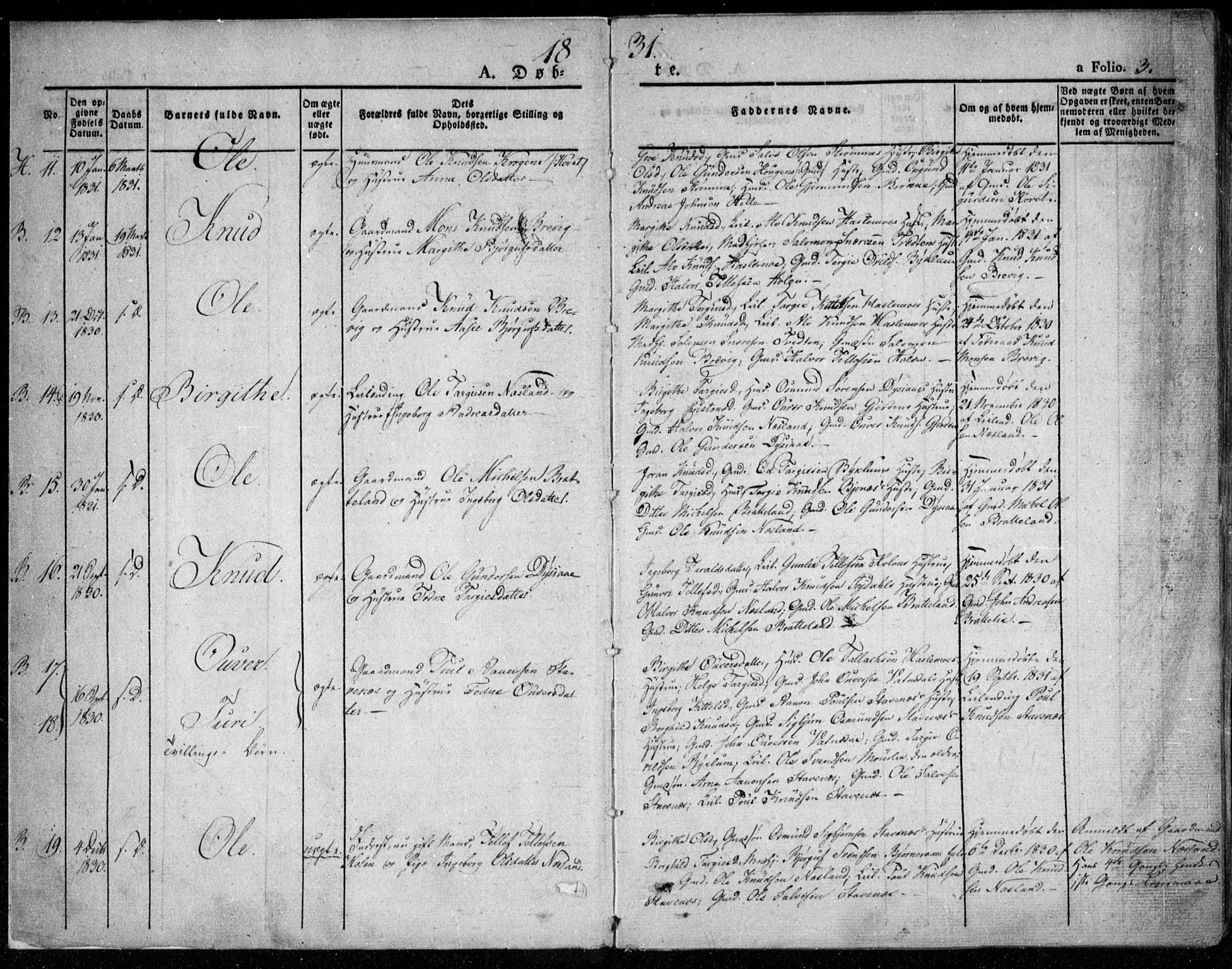 Valle sokneprestkontor, AV/SAK-1111-0044/F/Fa/Fac/L0006: Parish register (official) no. A 6, 1831-1853, p. 3