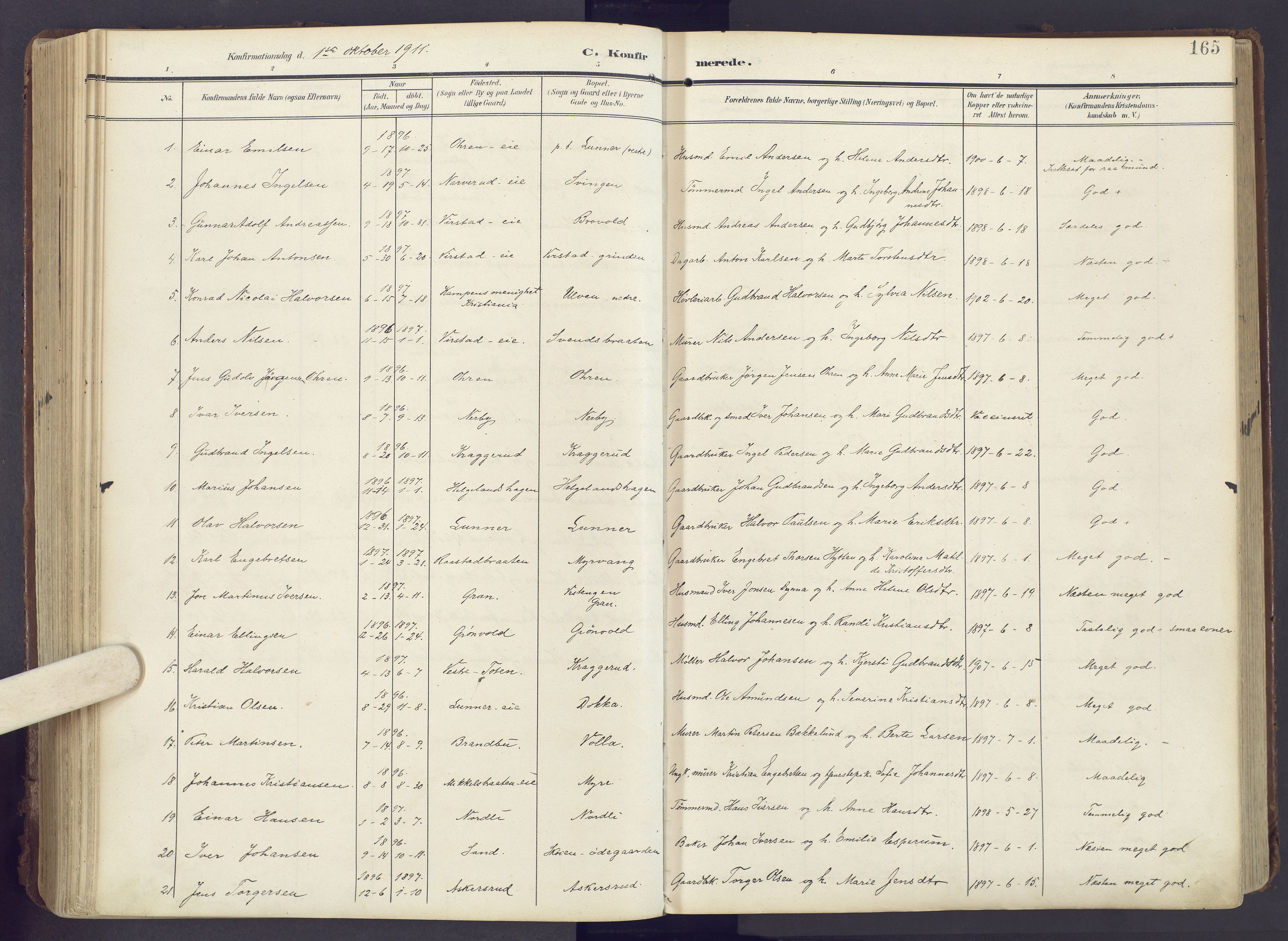 Lunner prestekontor, SAH/PREST-118/H/Ha/Haa/L0001: Parish register (official) no. 1, 1907-1922, p. 165