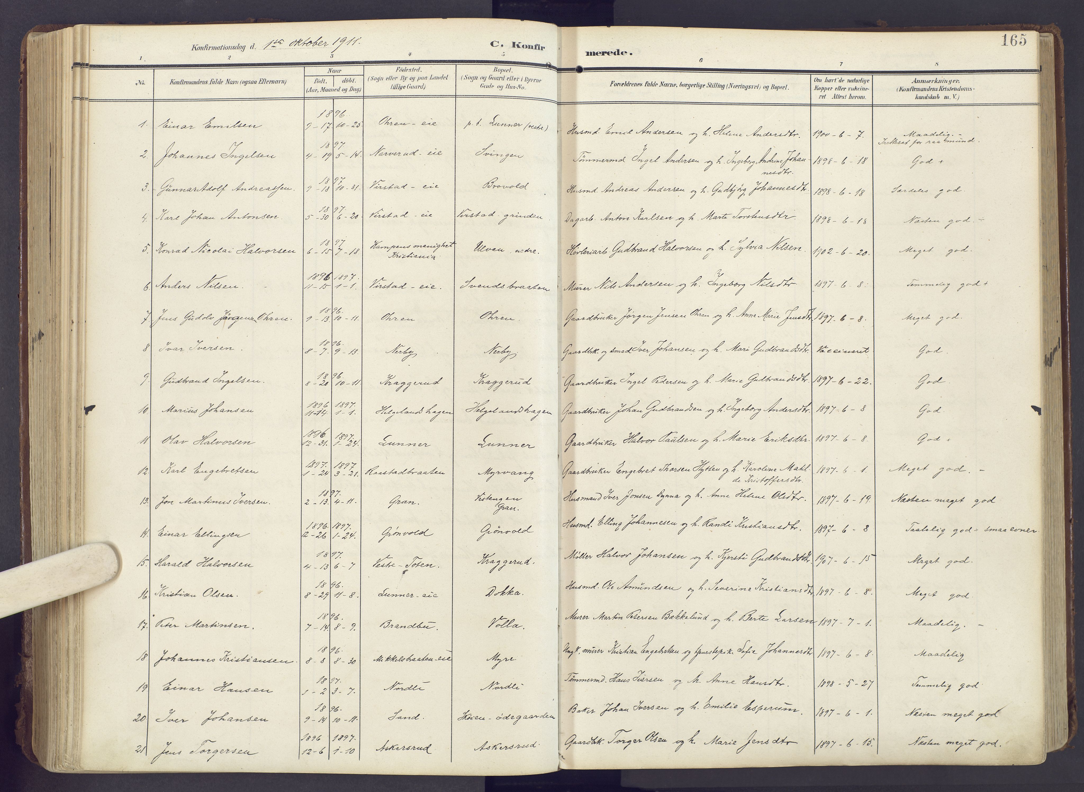 Lunner prestekontor, AV/SAH-PREST-118/H/Ha/Haa/L0001: Parish register (official) no. 1, 1907-1922, p. 165